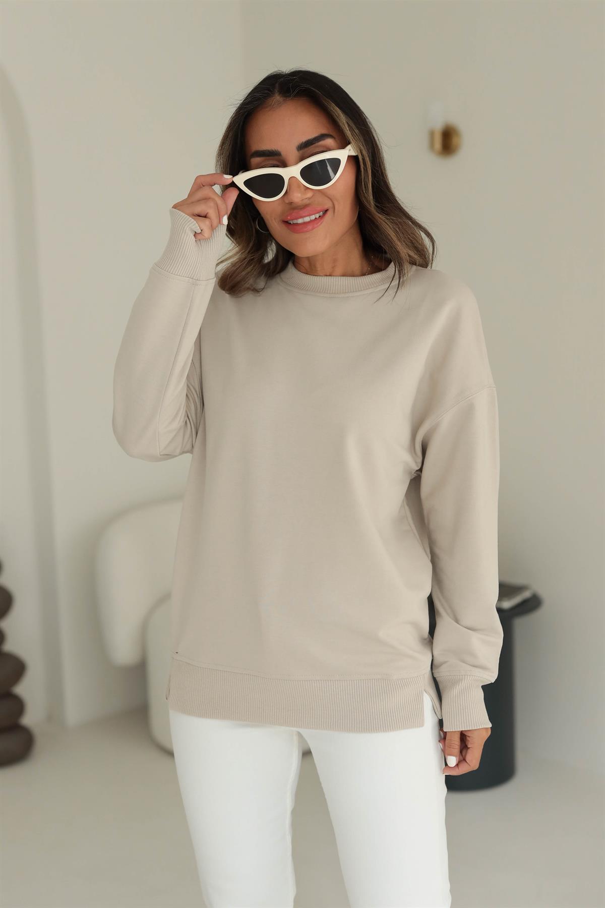 9002 Düz Basic Sweatshirt BEJ