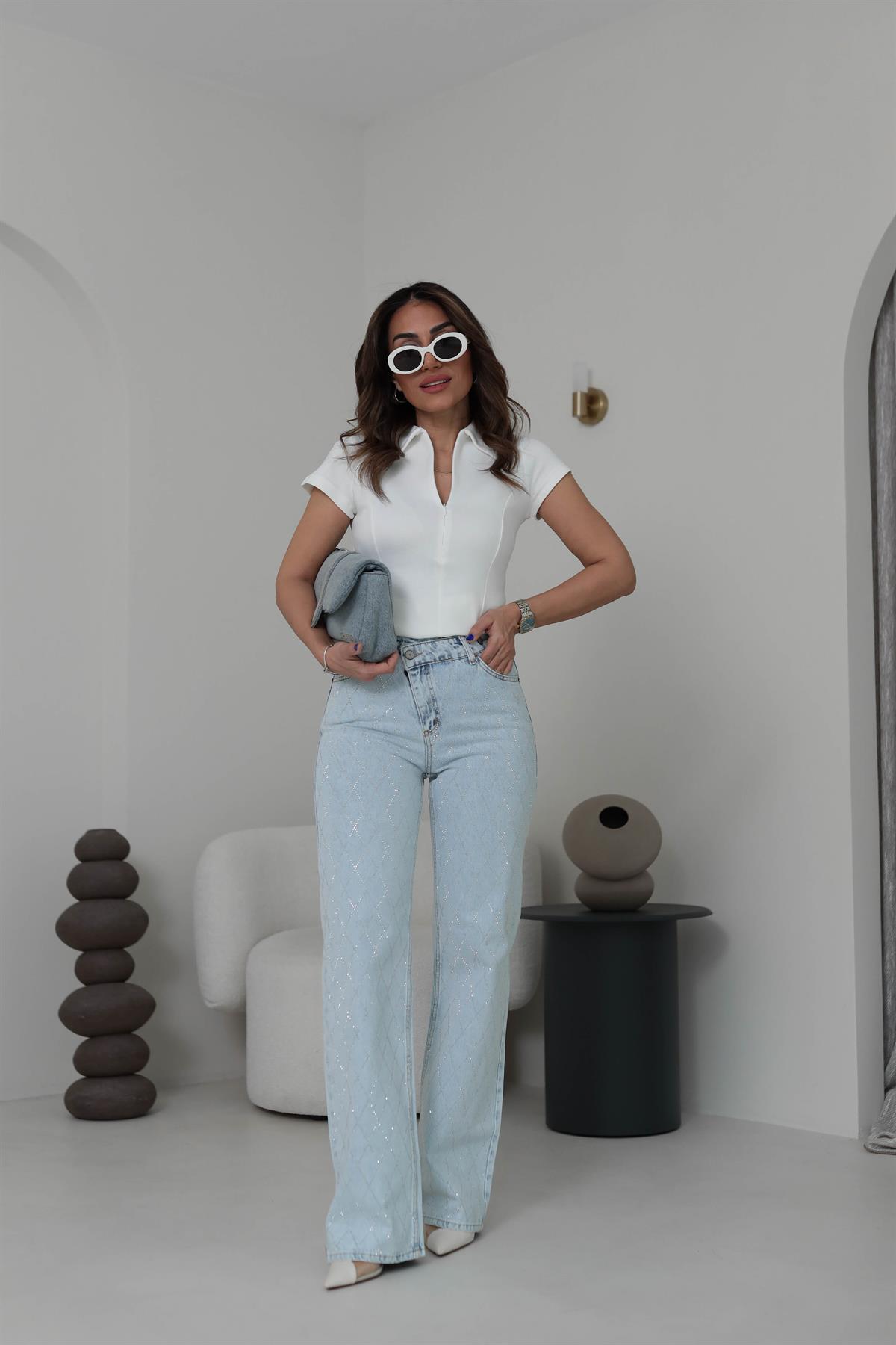 460 Baklava Desen Taş İşlemeli Pantolon BUZ MAVİ