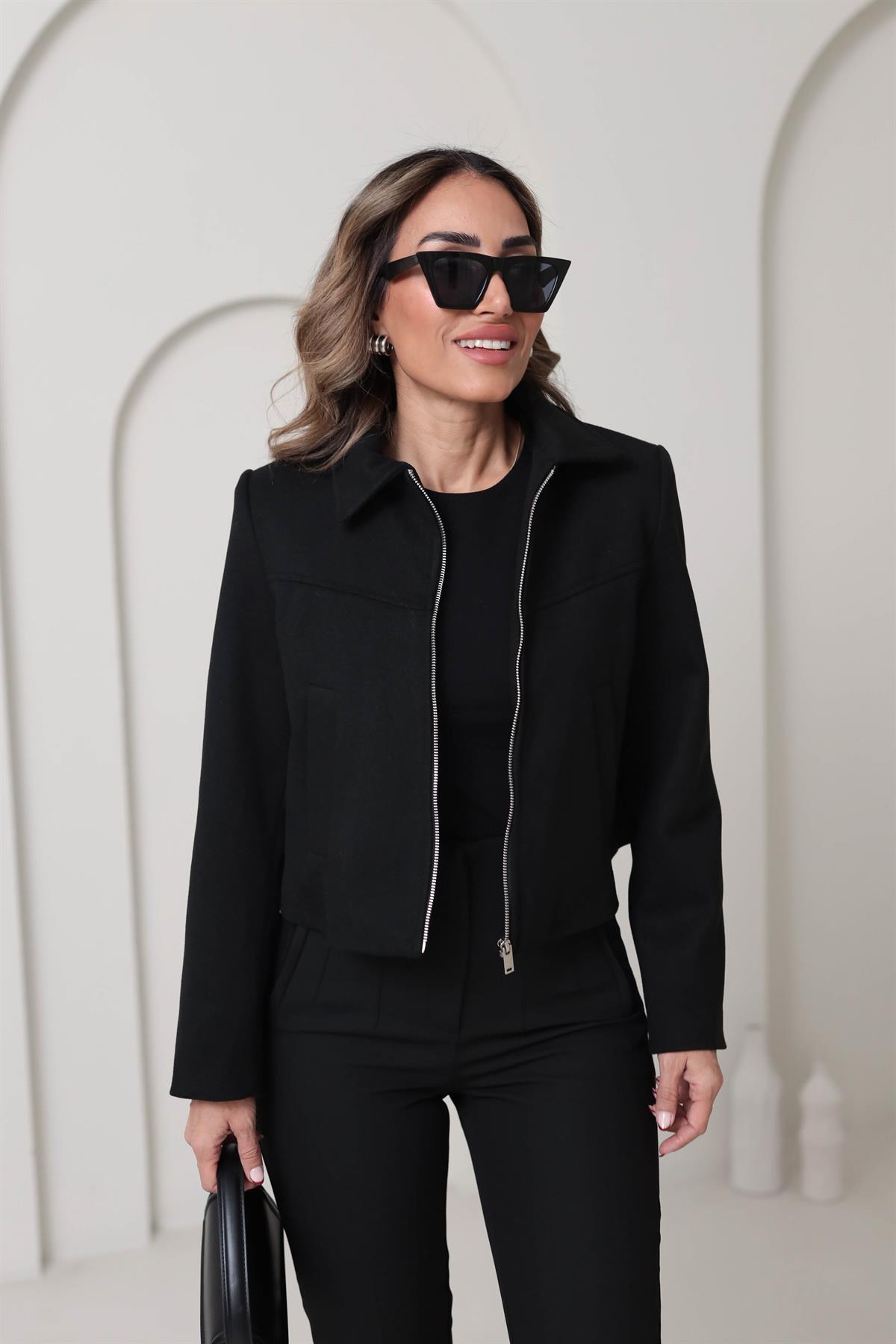 0169 Fermuarlı Za Model Kaşe Ceket SİYAH