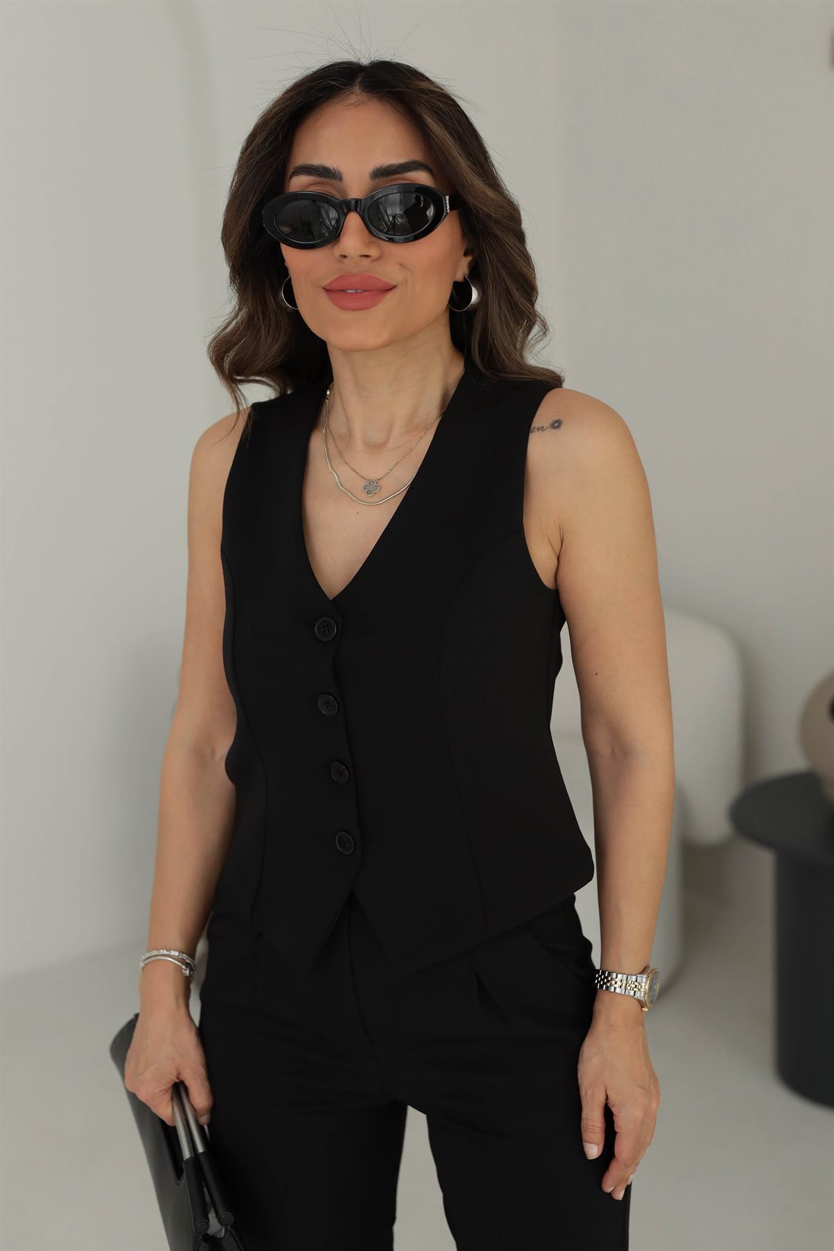 3790 Kemerli Havuç Paça Yelekli Takım SİYAH