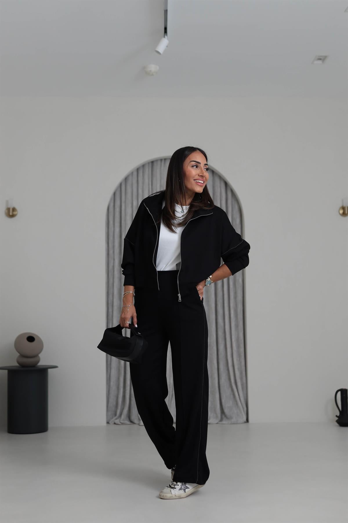 2378 Ceketi Fermuarlı Zincir Detay Modal Takım SİYAH