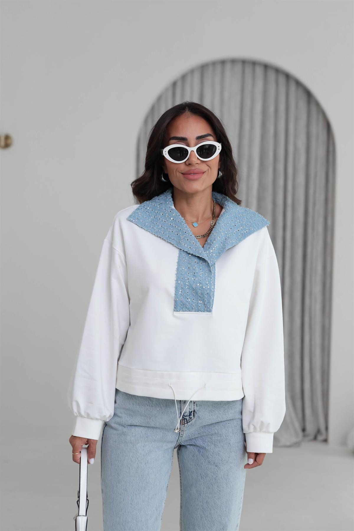 6730 Payetli Kot Garnili Sweatshirt EKRU