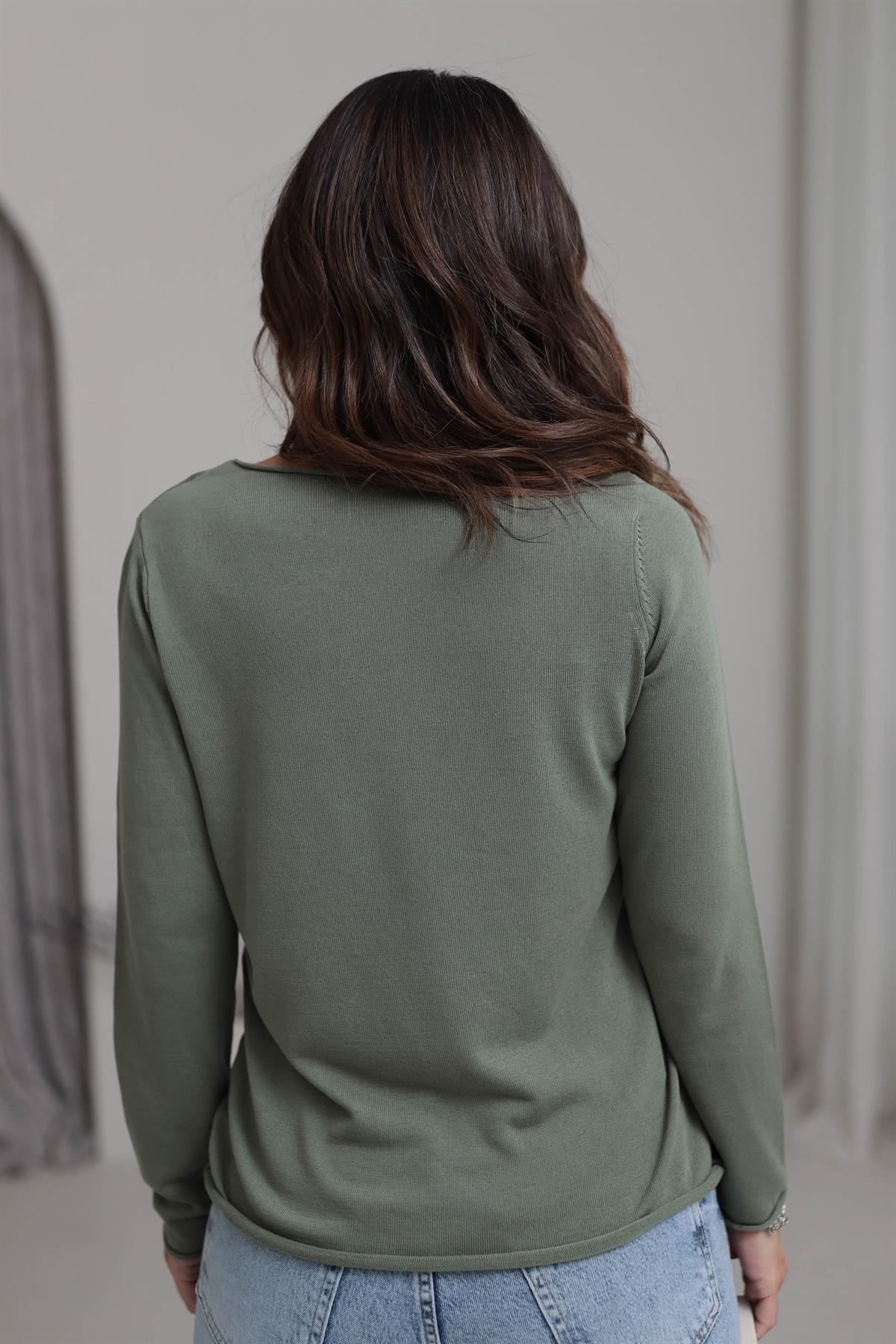 1061 Açık Yaka Uzun Kol İnce Triko HAKİ YEŞİL