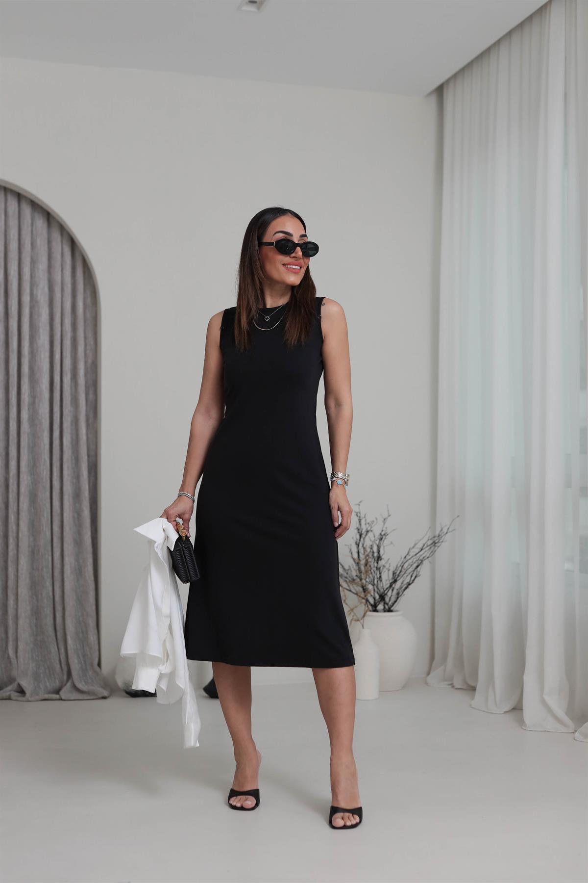 3046 Gömlek Detaylı Premium Elbise SİYAH