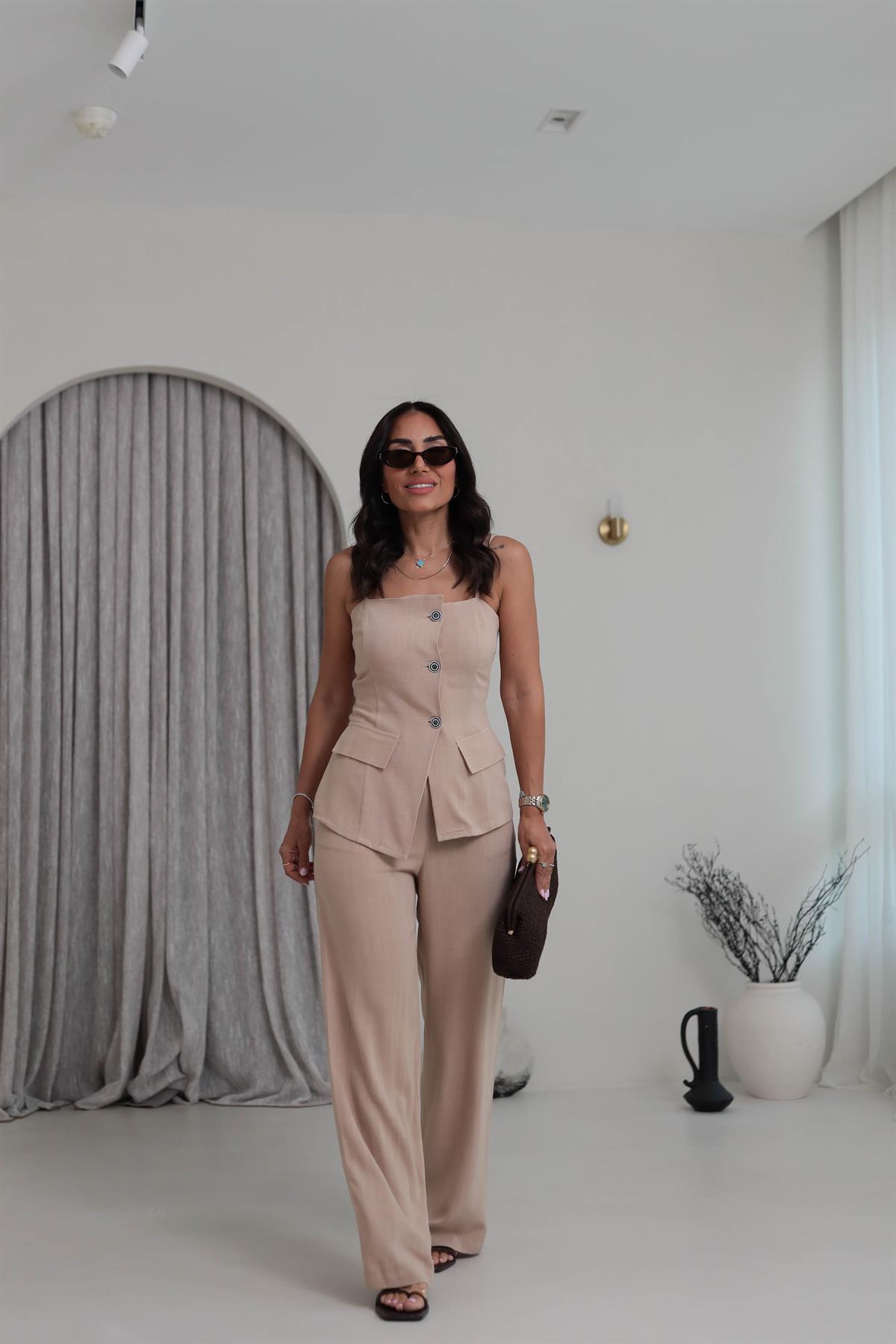 0288 Askıları Ayarlanabilir Tencel Keten Yelek & Pantolon Takım VİZON