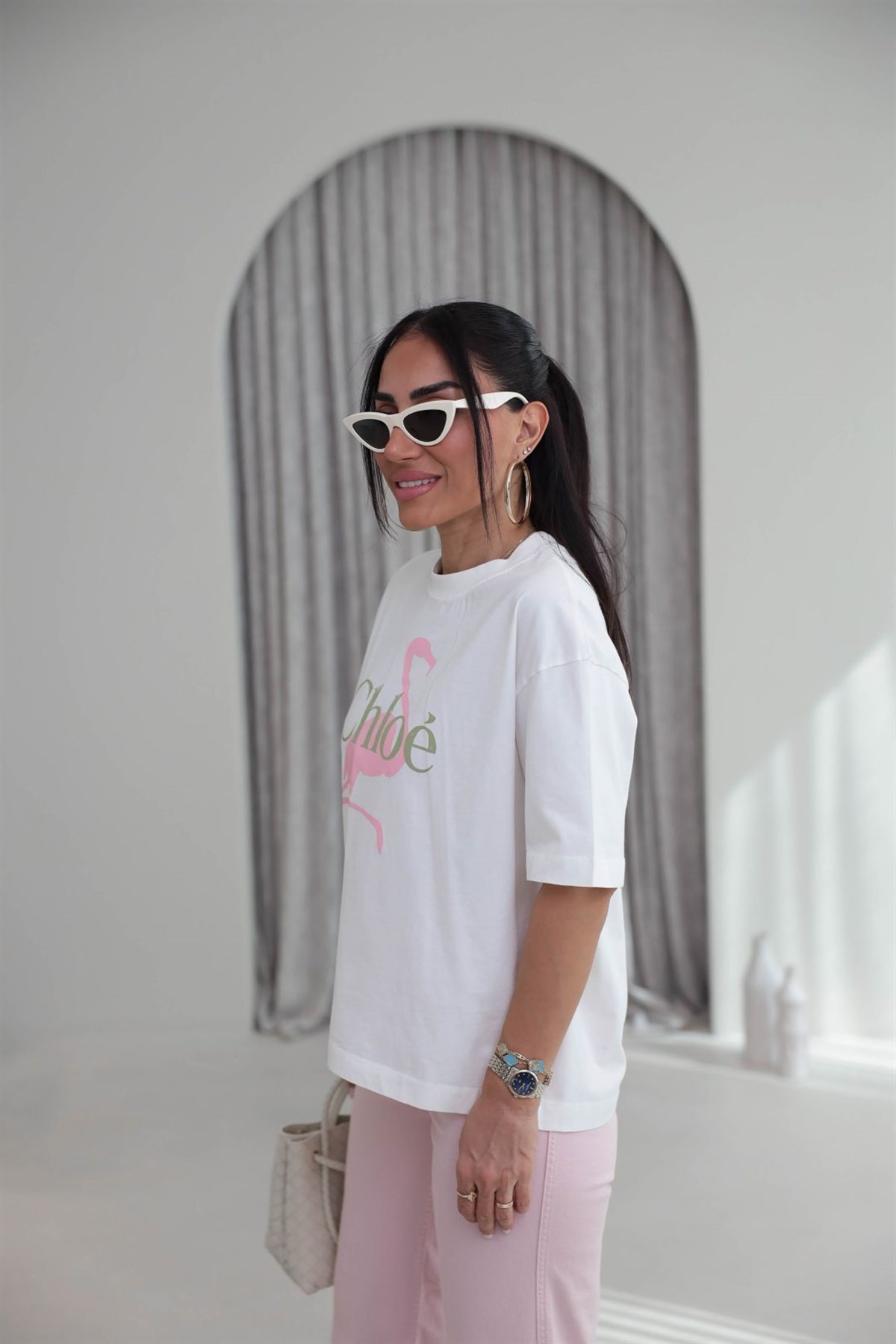 1016 Pembe Kuğulu Pamuklu Tshirt KREM