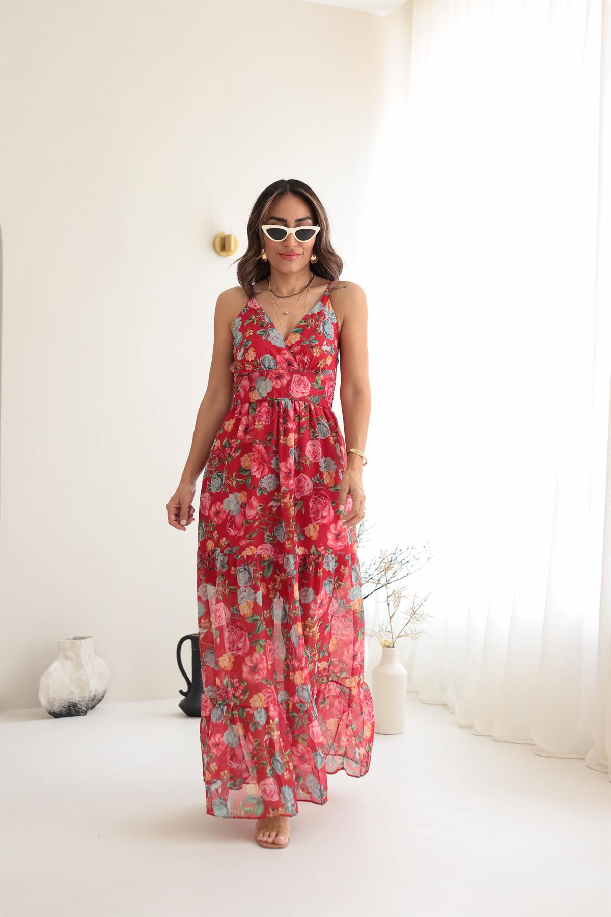 3523 İp Askılı Desenli Sırtı Gipeli Elbise