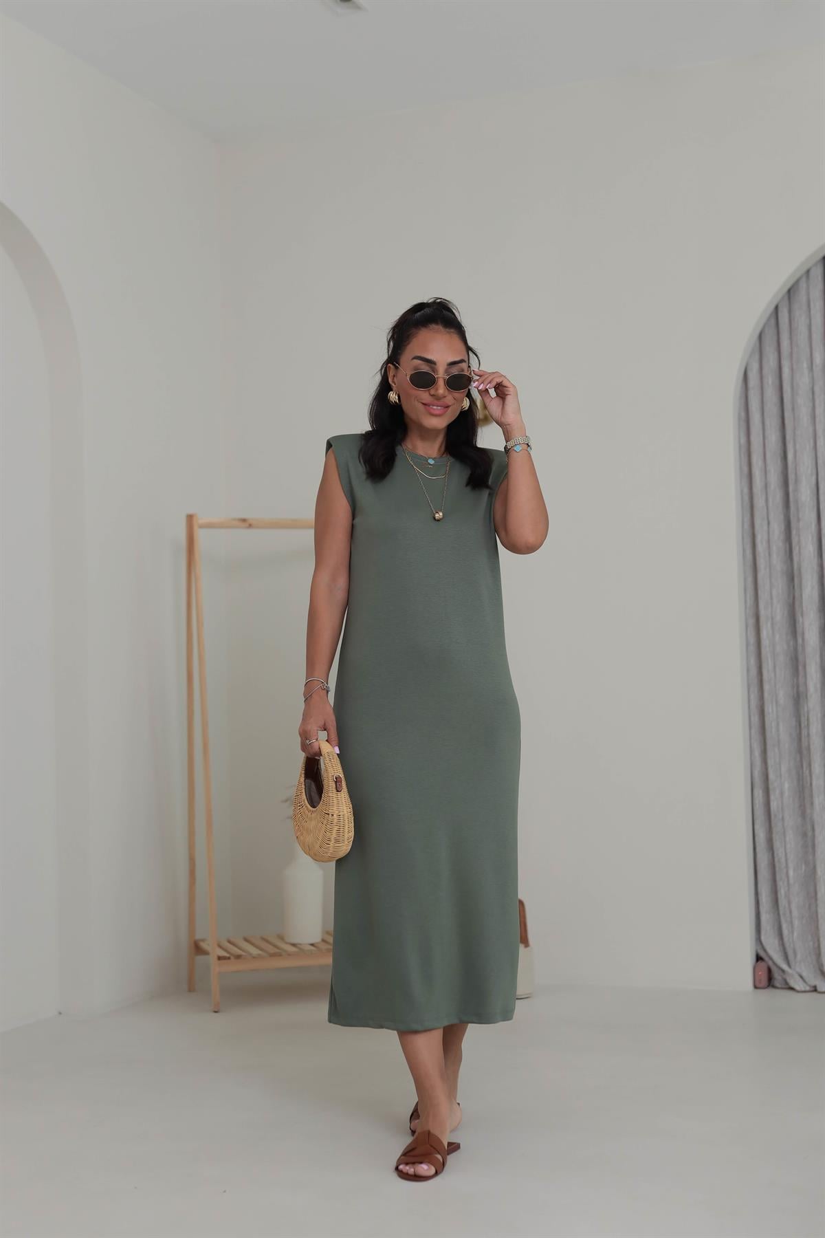3316 Bisiklet Yaka Vatkalı Penye Modal Elbise HAKİ YEŞİL