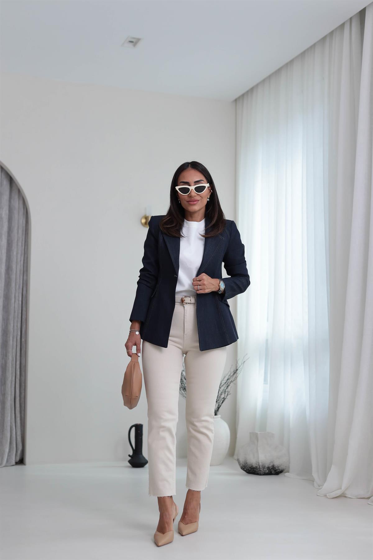 6276 Tek Düğmeli Denim Blazer Ceket LACİVERT