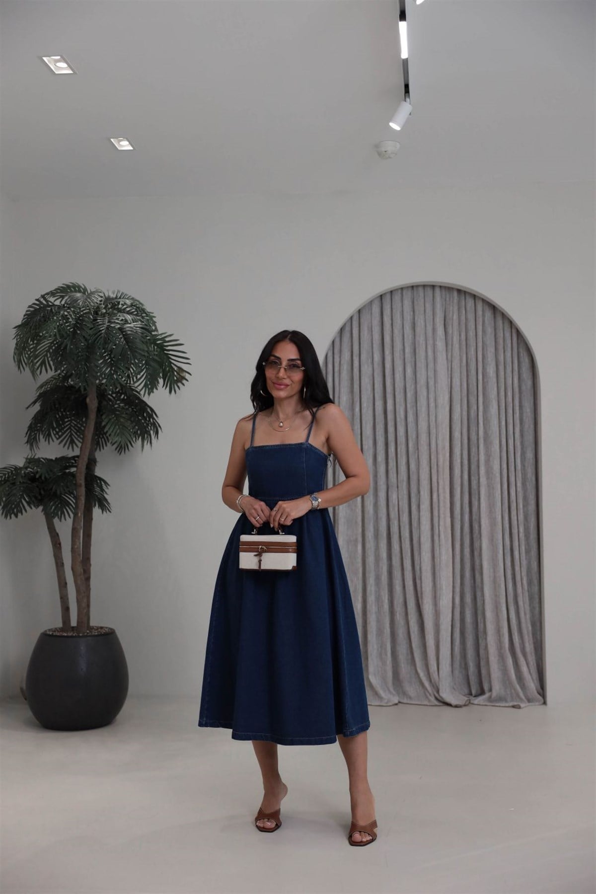 811 İp Askılı Denim Elbise KOYU MAVİ