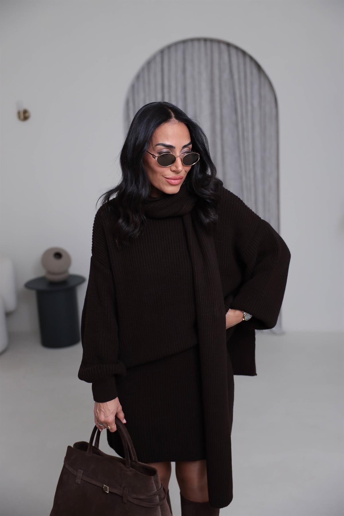 2581 Bisiklet Yaka Şal Detaylı Örgü Etek Takım ACI KAHVE