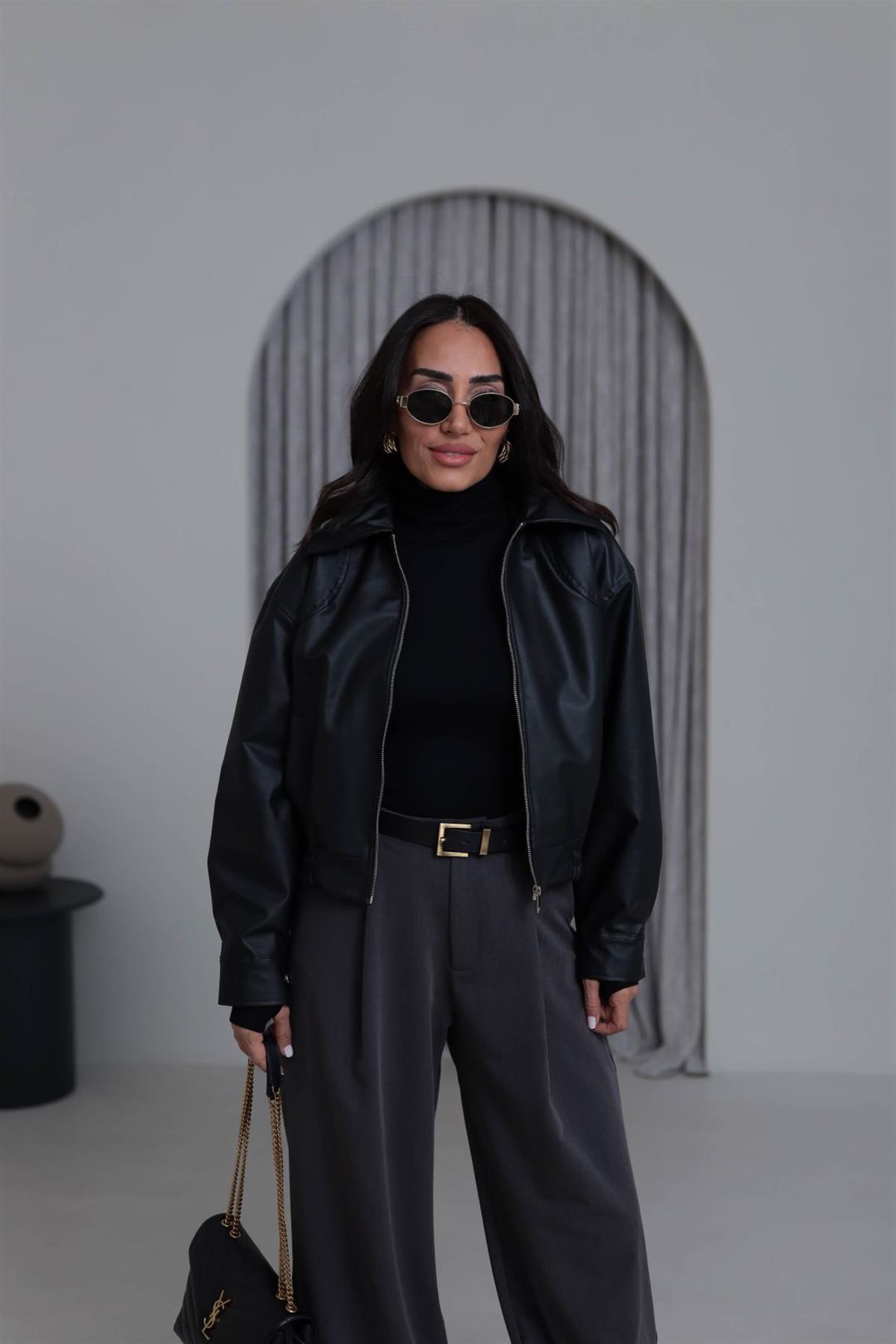 3128 Bel Lastikliı Suni Deri Bomber Ceket SİYAH