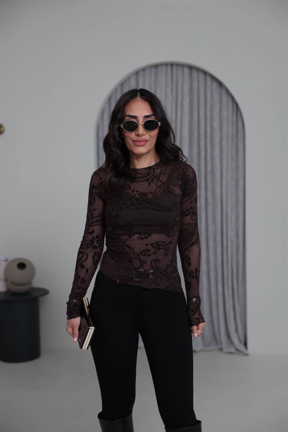 7248 Kadife Baskılı Asimetrik Tül Bluz KAHVE