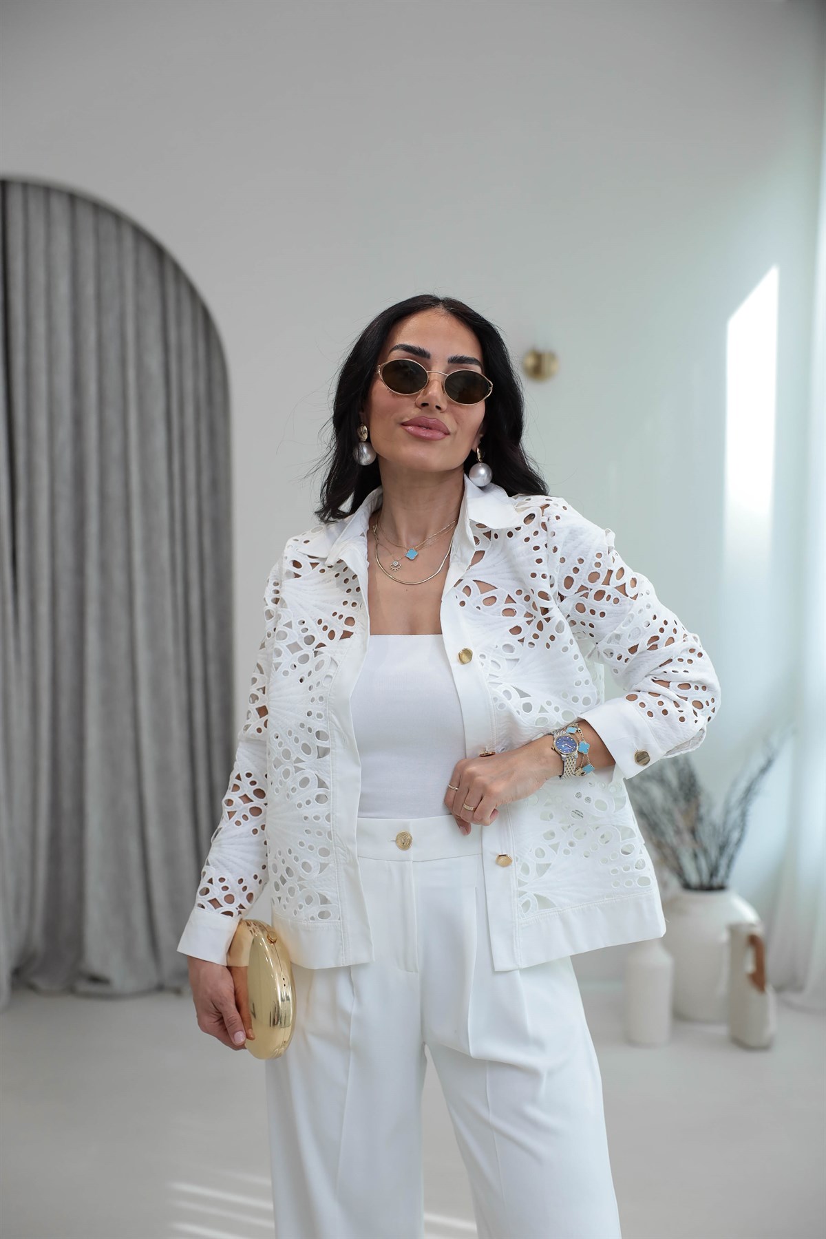 Gold Düğmeli Poplin Garnili Dantelli Ceket BEYAZ