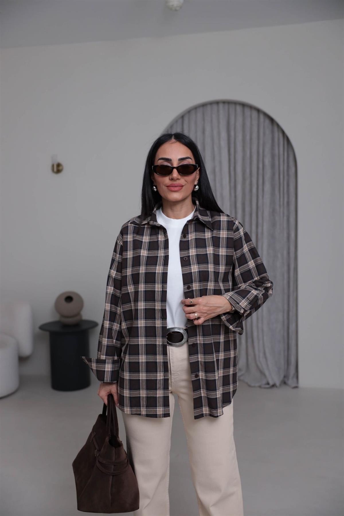 7124 Ekose Desen Pamuklu Oversize Gömlek KAHVE
