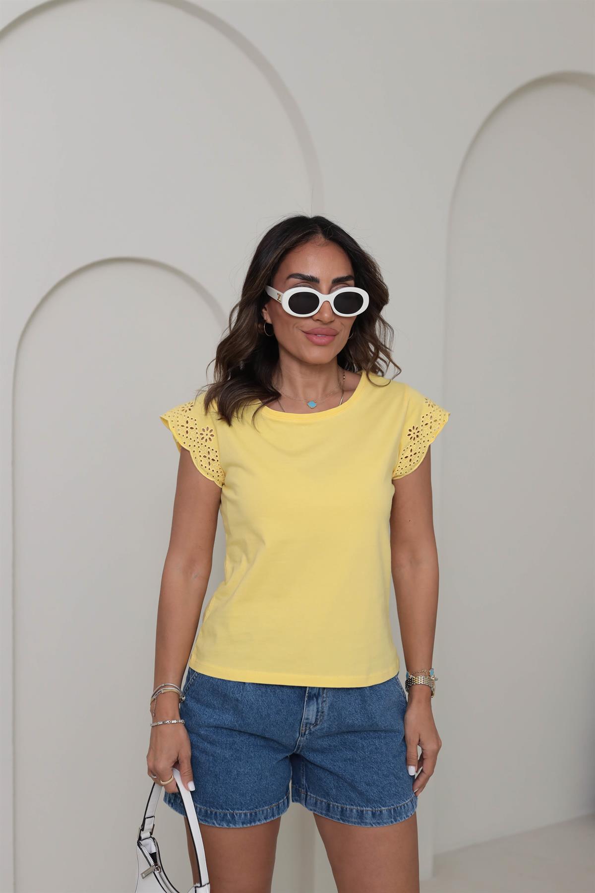 2982 Pamuklu Kolları Fistolu Tshirt SARI