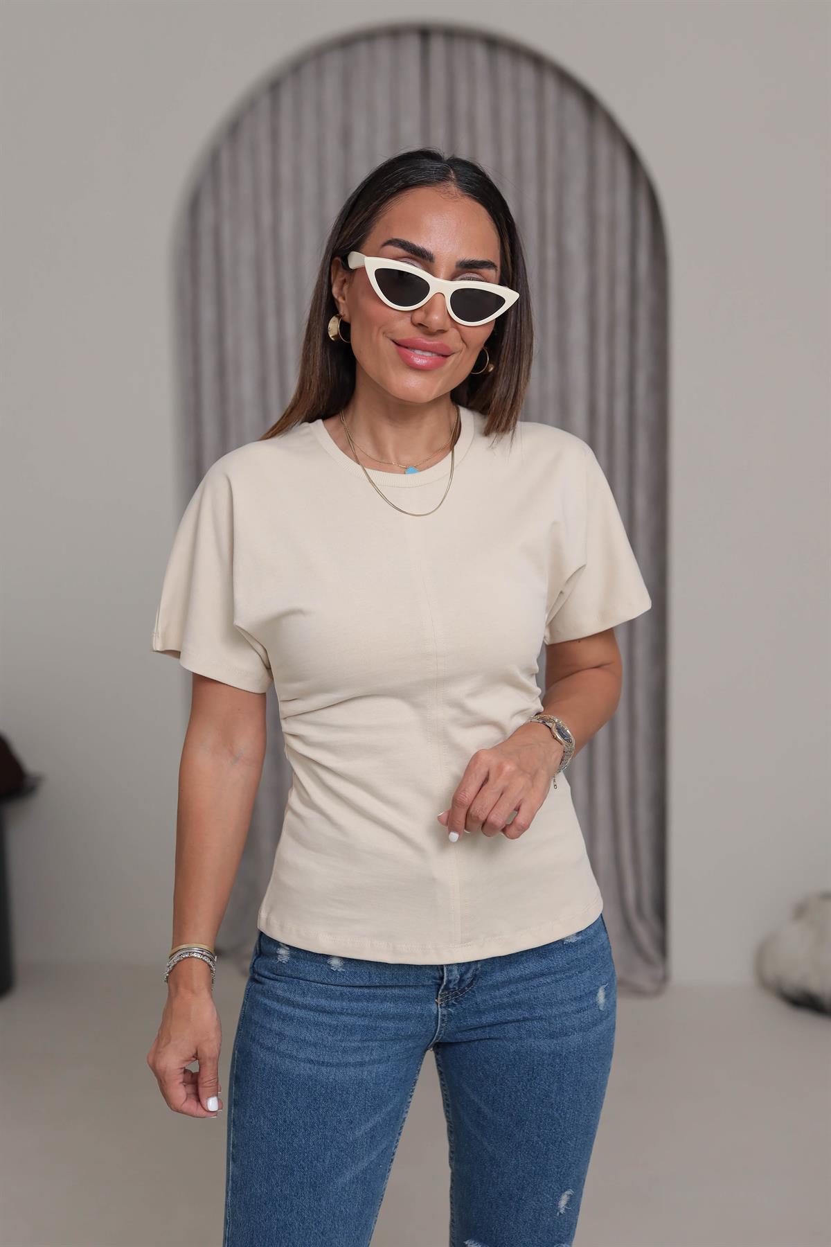 1585 Drape Detay Pamuklu Tshirt TAŞ