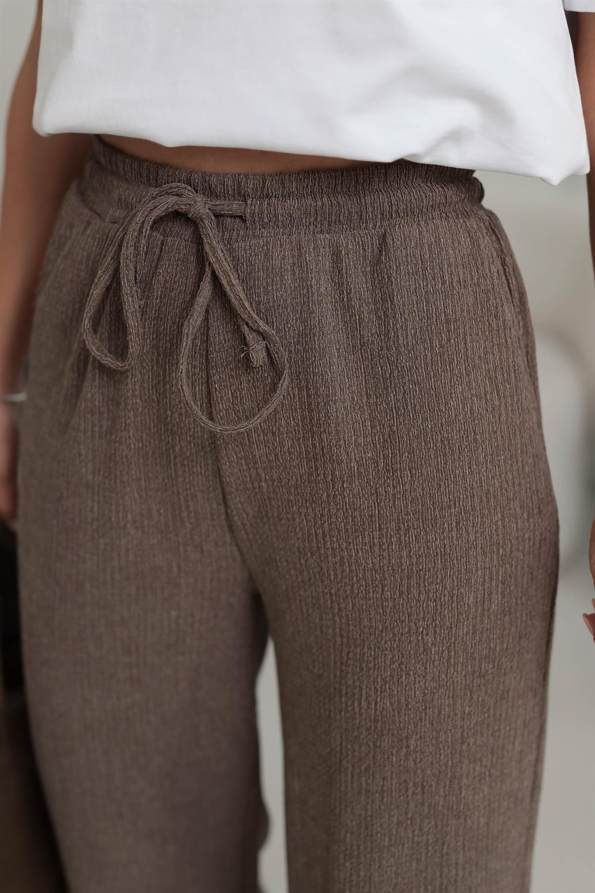 6525 Beli Lastikli Bürümcük Kumaş Rahat Pantolon VİZON