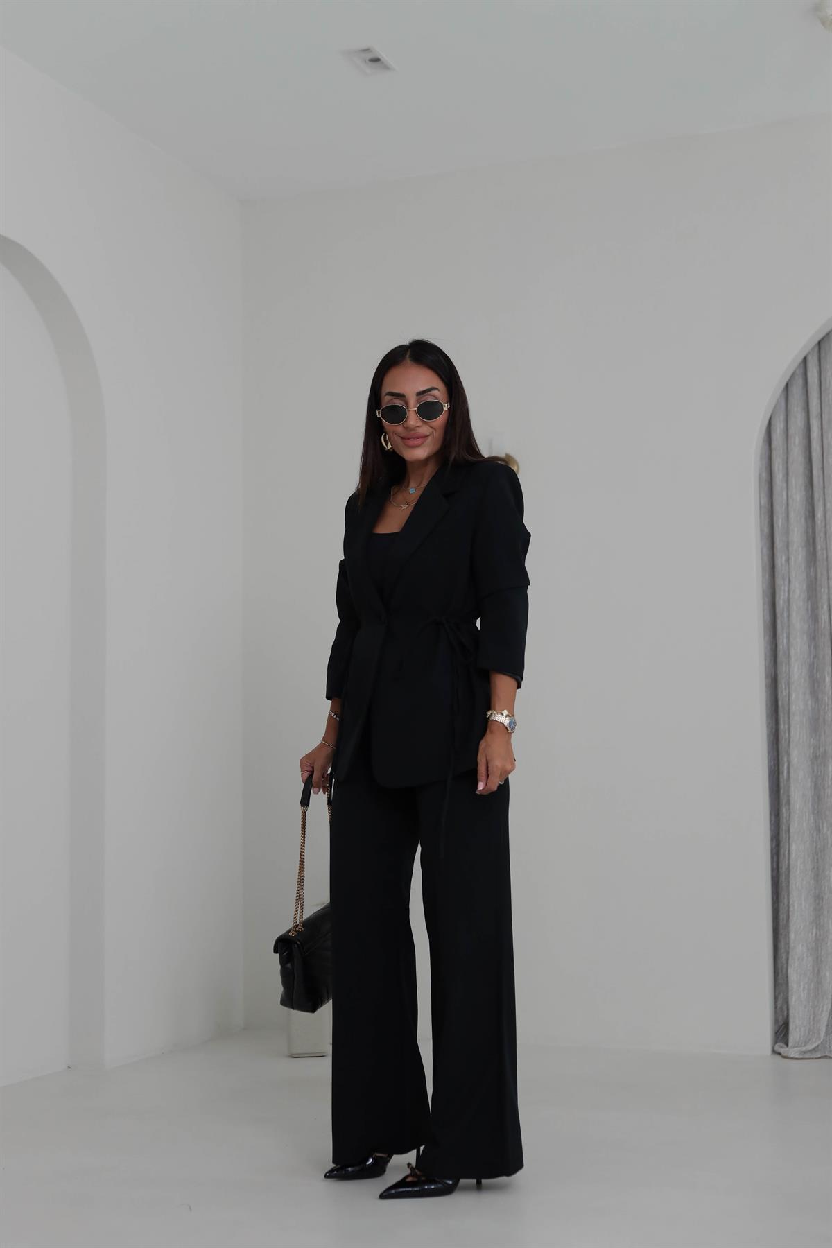 9241 Bağlamalı Oversize Ceketli Takım SİYAH