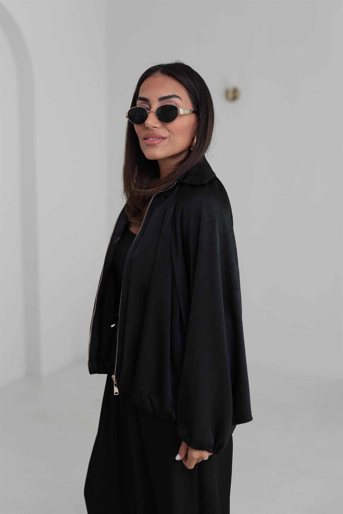 9584 Kendinden Desenli Saten Bomber Ceket SİYAH