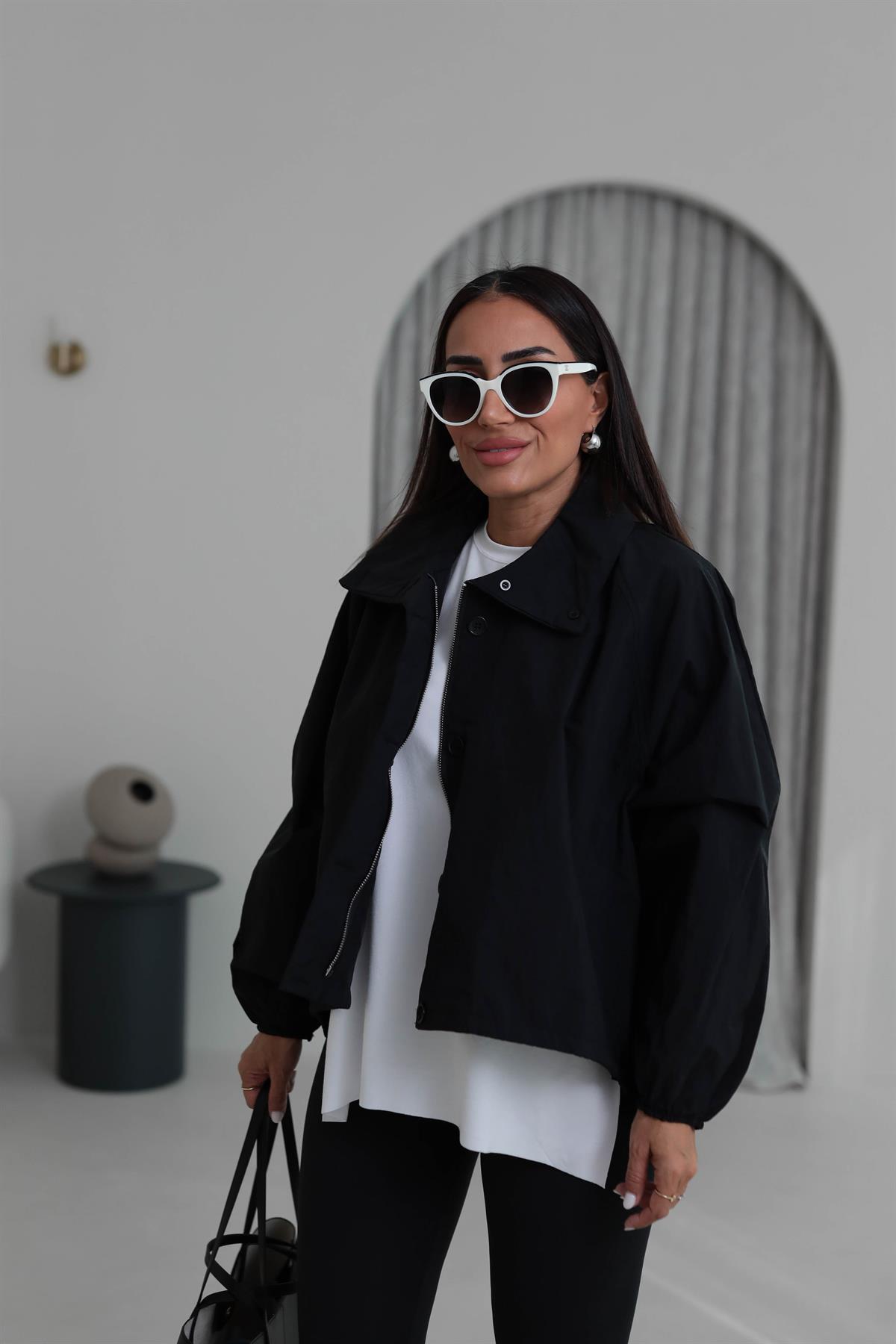 6721 Dik Yaka Düğmeli Fermuarlı Bomber Ceket SİYAH