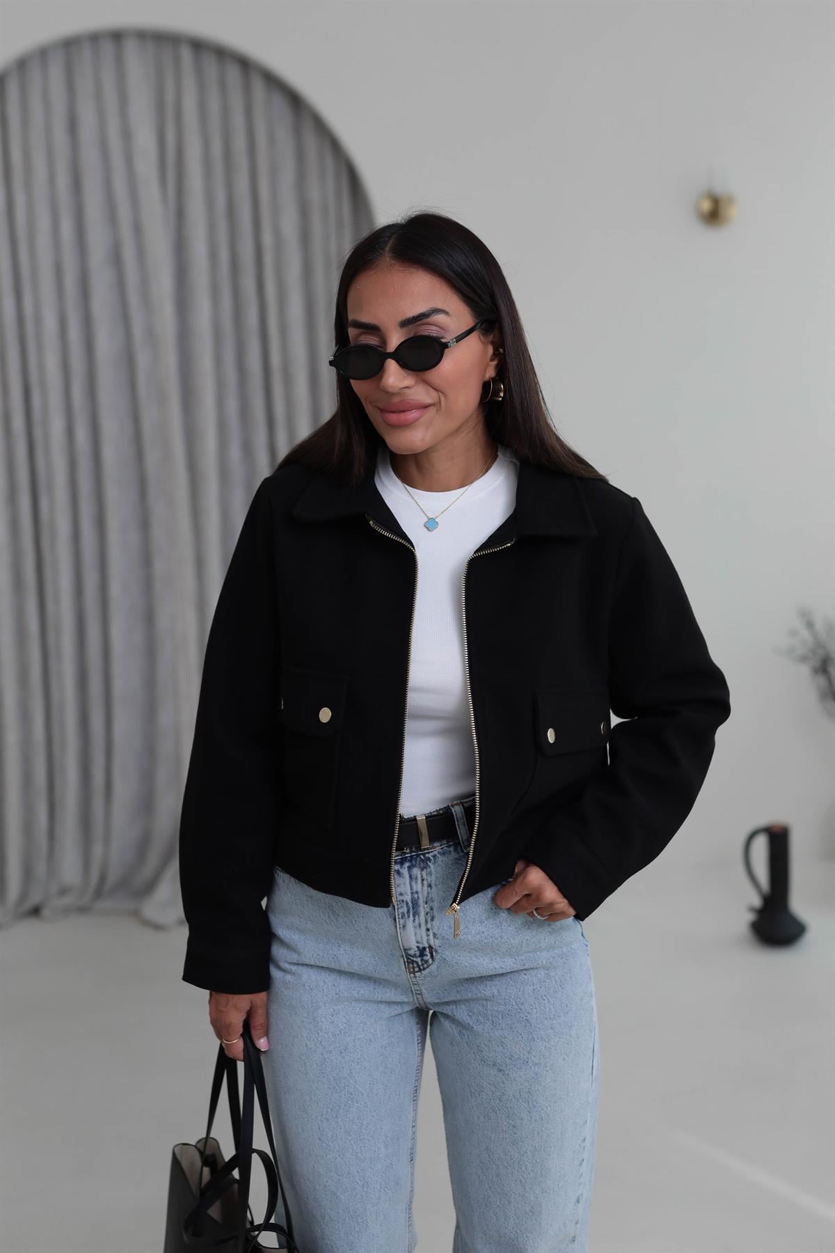 2470 Gold Detaylı Kaşe Ceket SİYAH