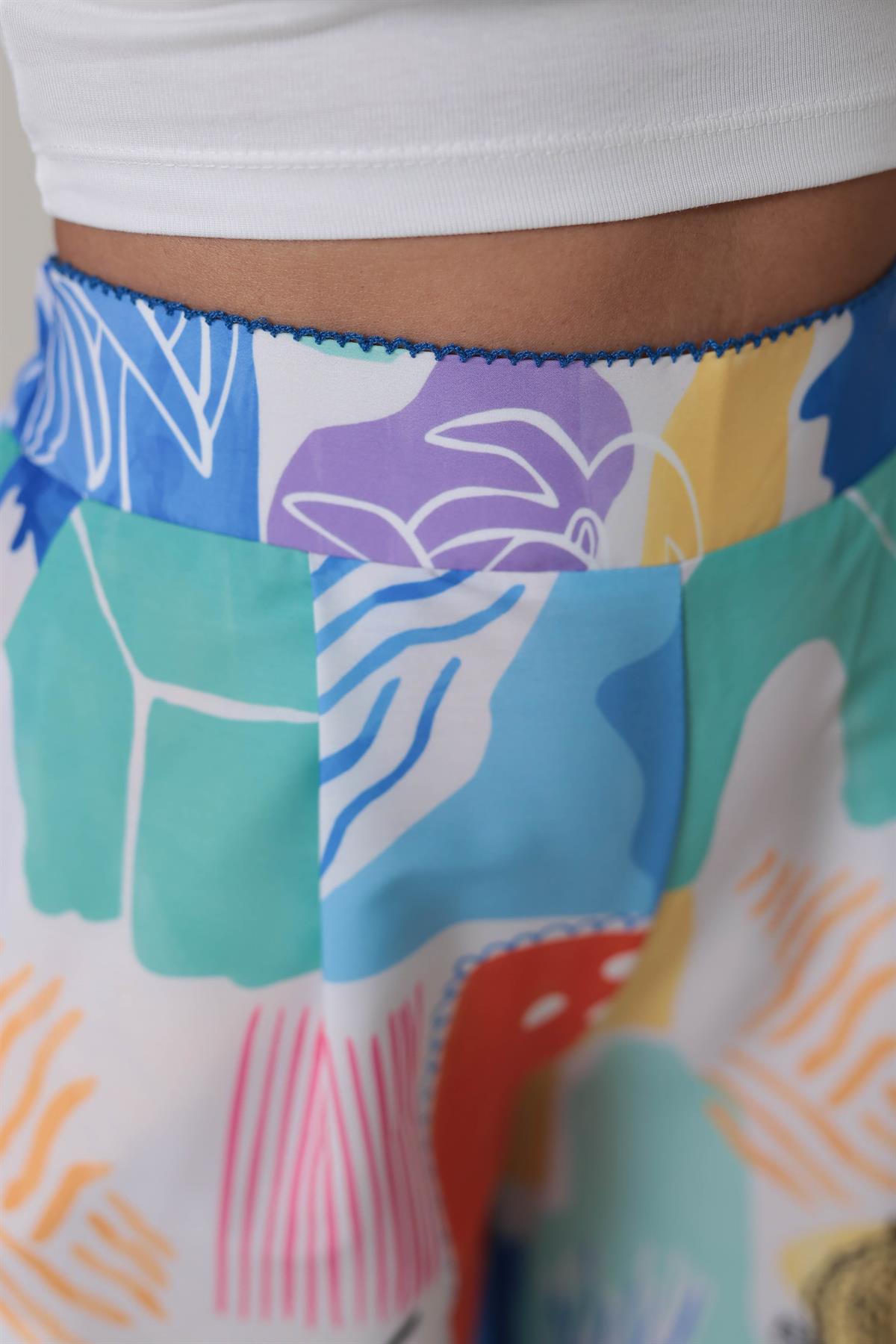 0404 Desenli Yüksek Bel Bol Paça Pantolon RENKLİ