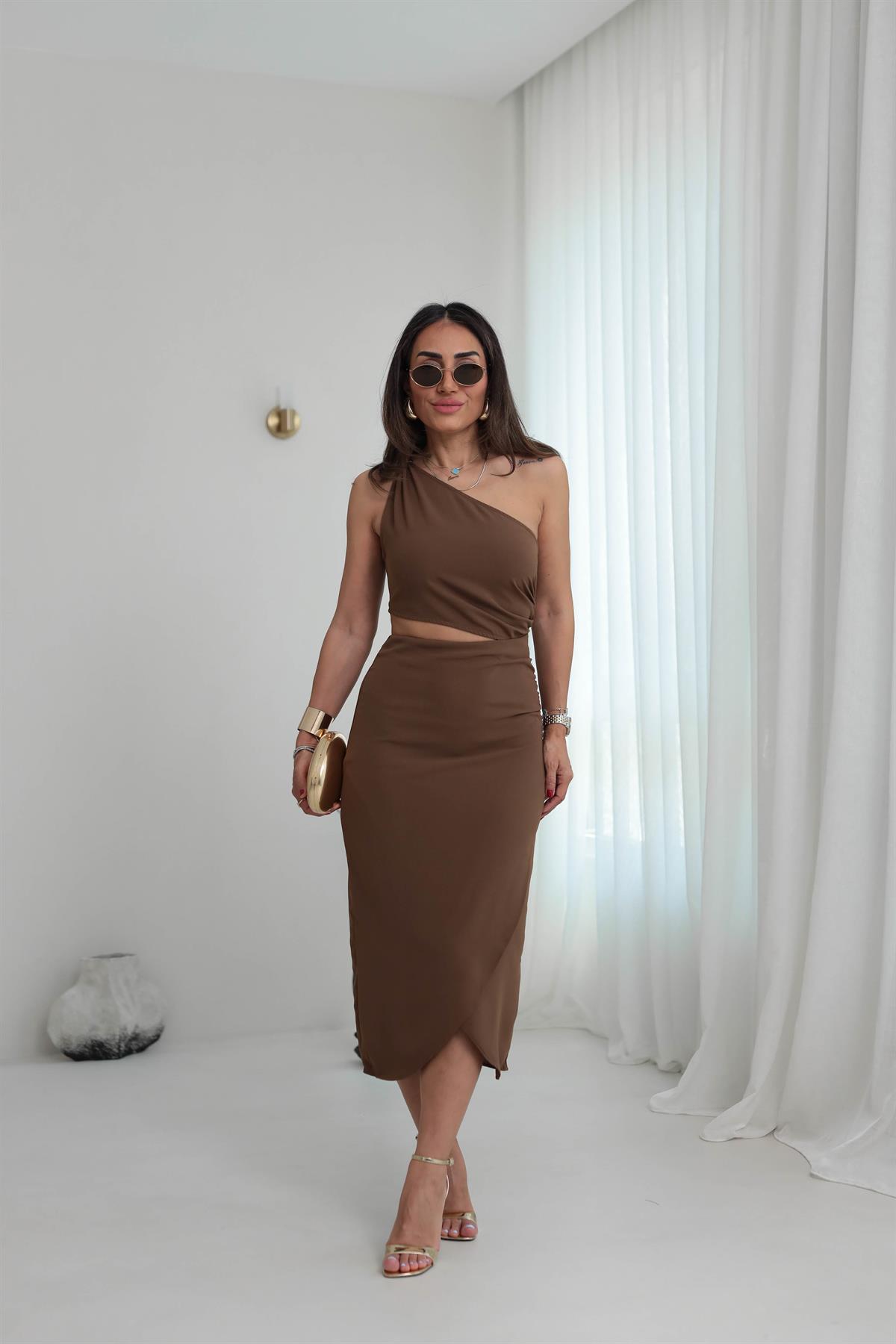 6444 Asimetrik Pencere Detay Elbise KAHVE