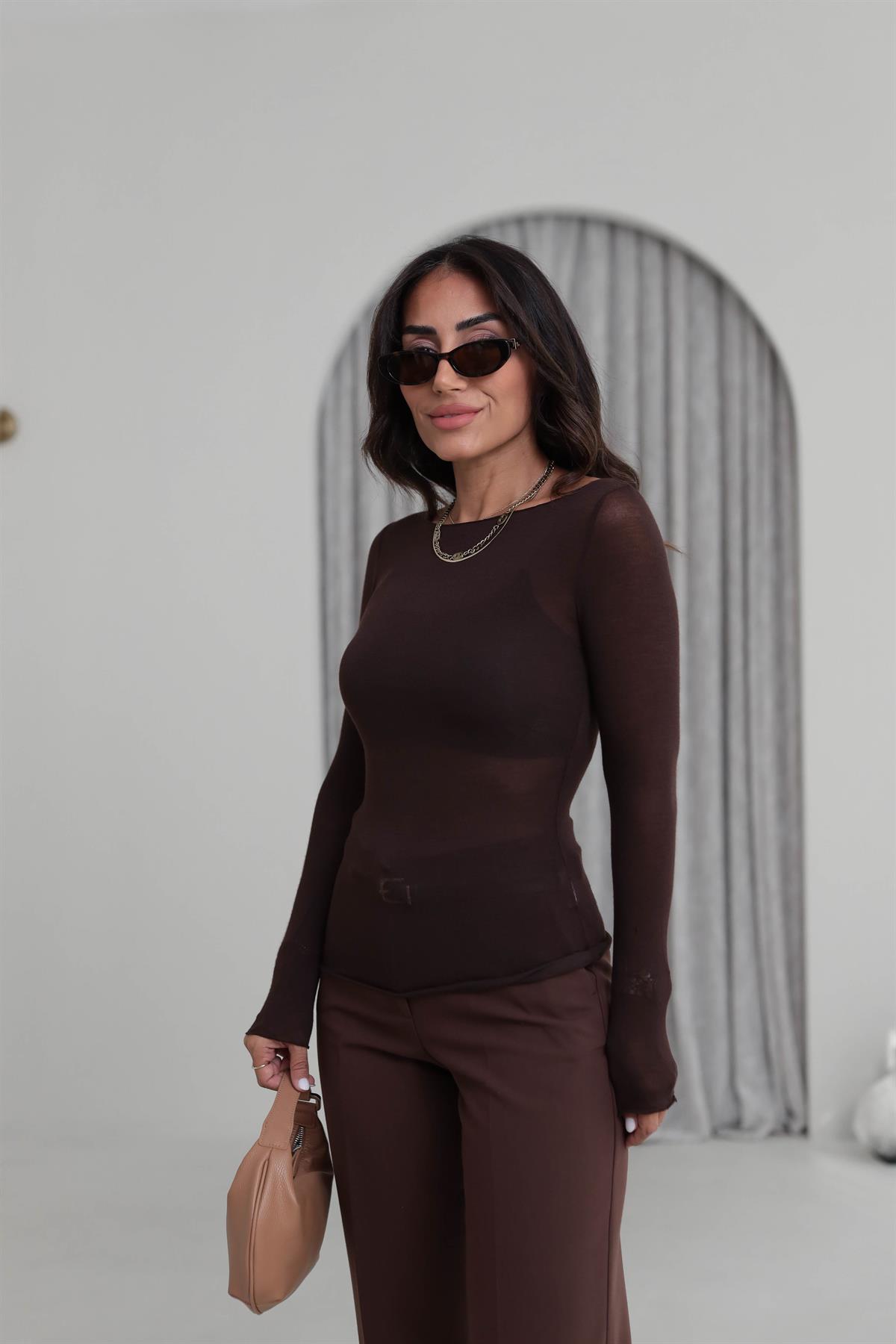 6641 Geniş Yaka Yumuşak Dokulu Bluz KAHVE