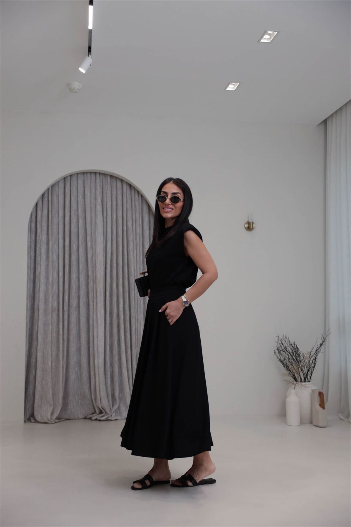 7150 Vatkalı Penye Bluz ve Pileli Etekli Takım SİYAH