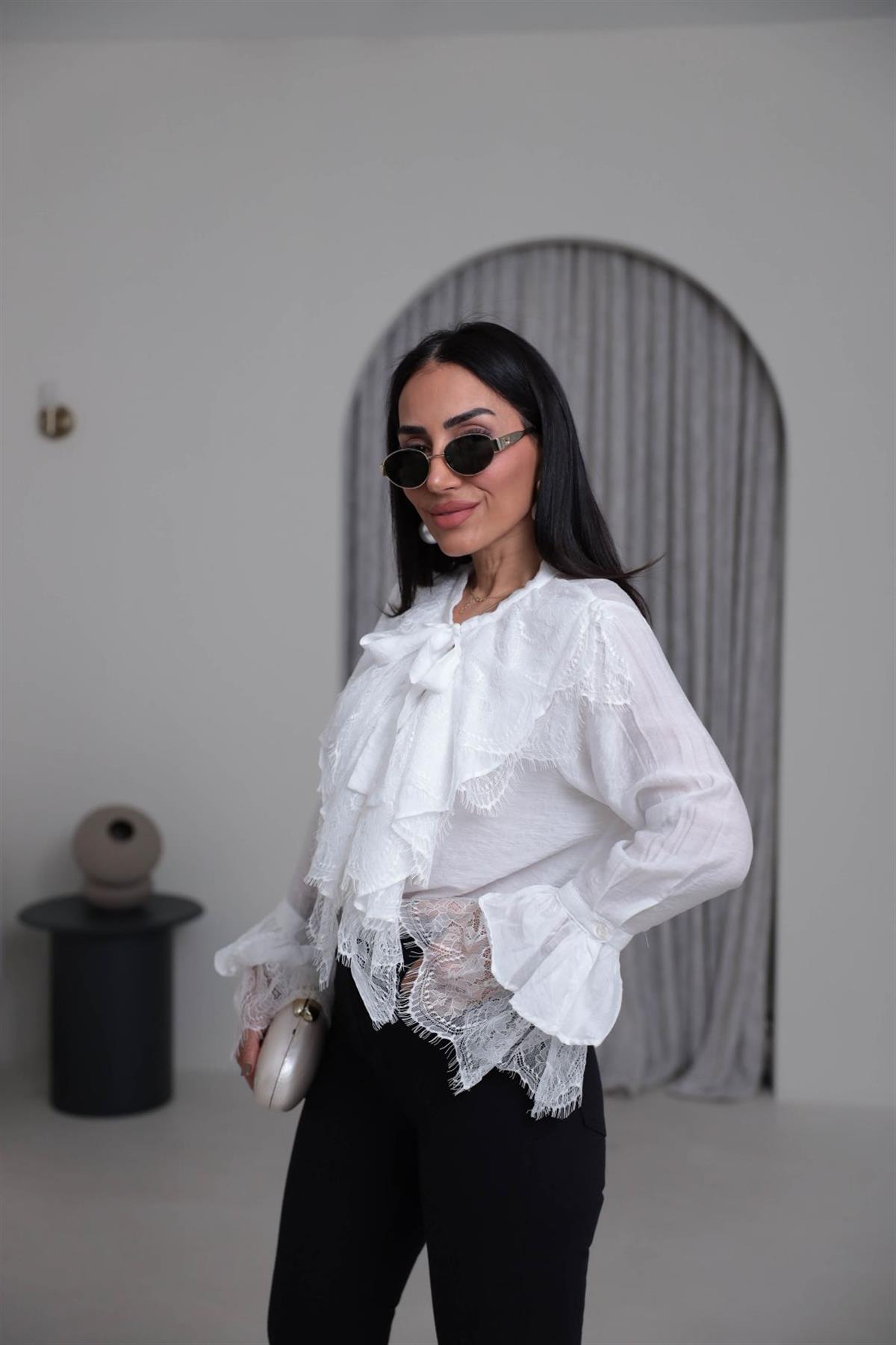 4512 Güpür Detaylı Önden Bağlamalı Gömlek BEYAZ