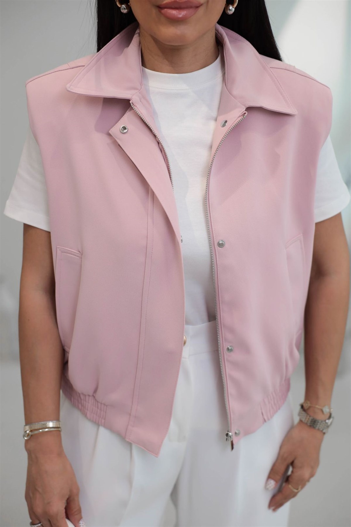 7560 Bel Lastikli Gizli Fermuarlı Modern Kesim Yelek PUDRA