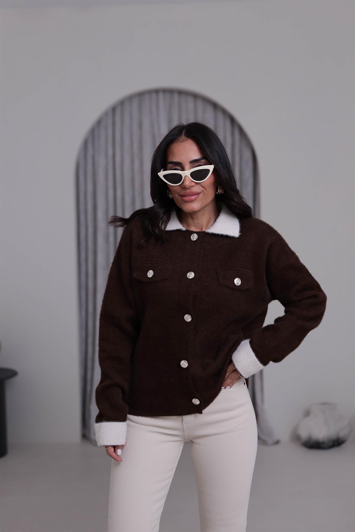 5259 Kontrastlı Polo Yaka Angora Ceket Hırka KAHVE