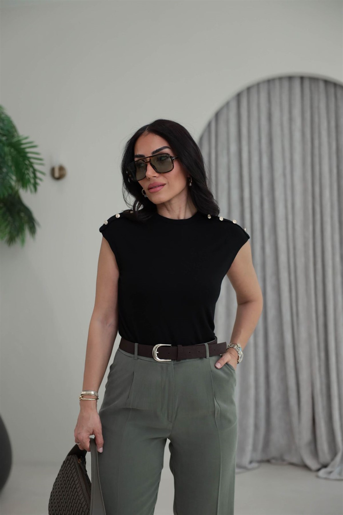 8483 Omuz Düğmeli Modal Massi Bluz SİYAH