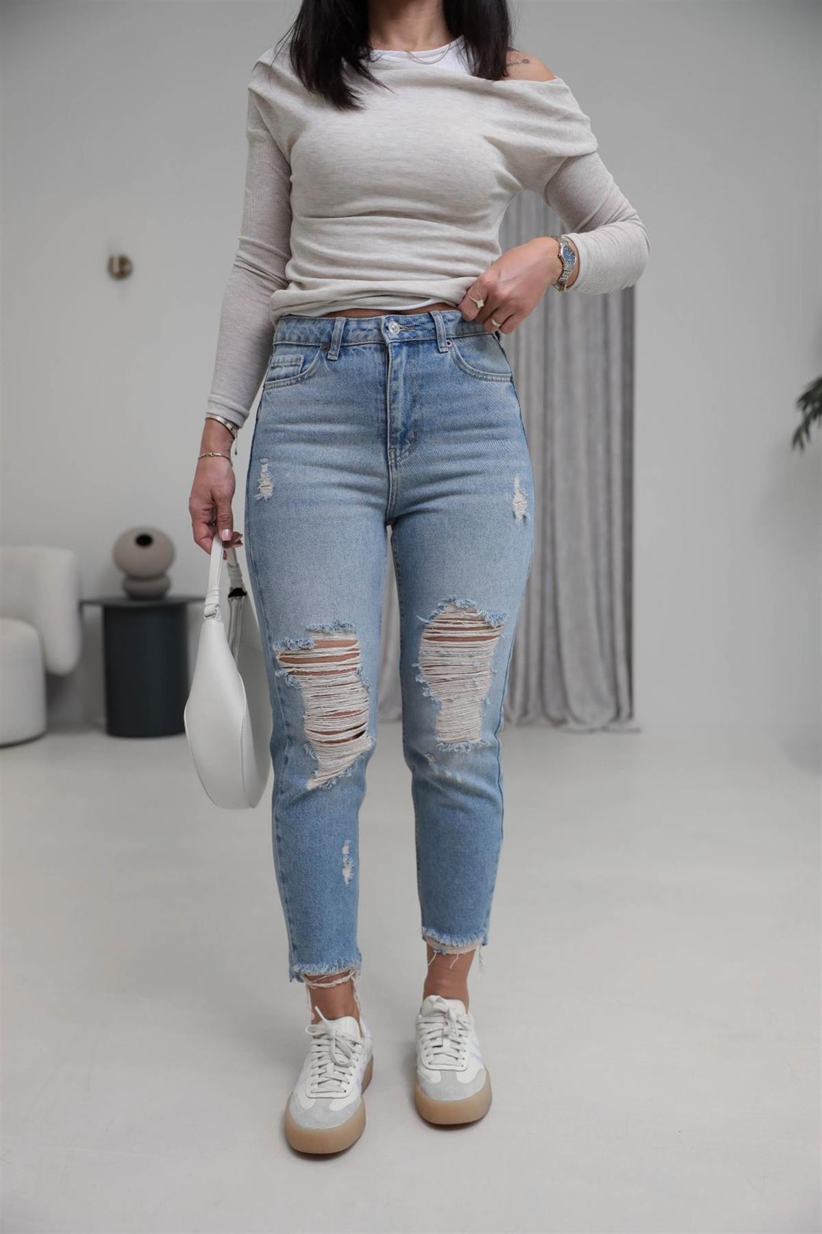 482 Yüksek Bel Yırtıklı Jean Pantolon AÇIK MAVİ
