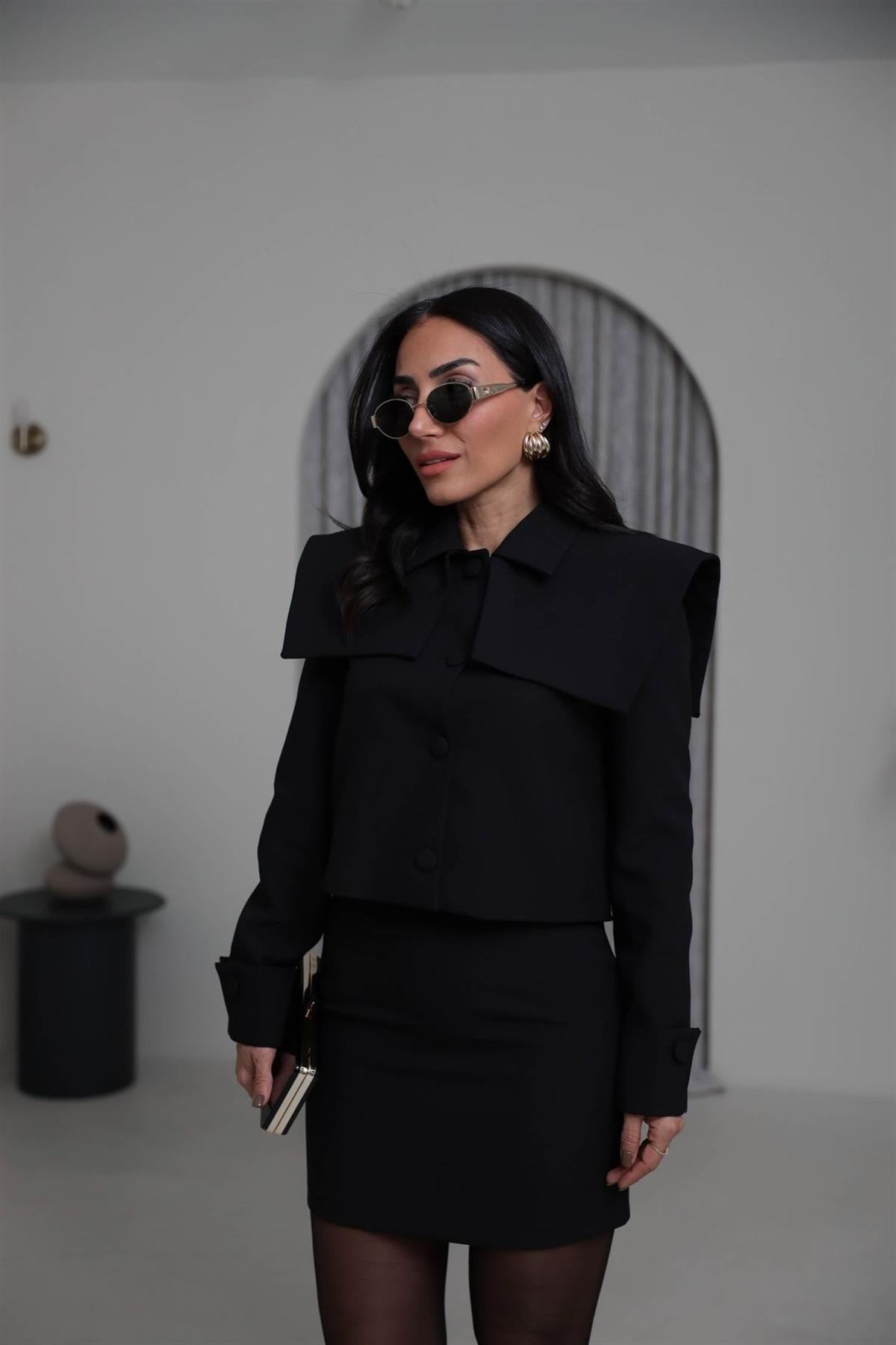 8945 Yaka Detay Ceketli Etekli Takım SİYAH