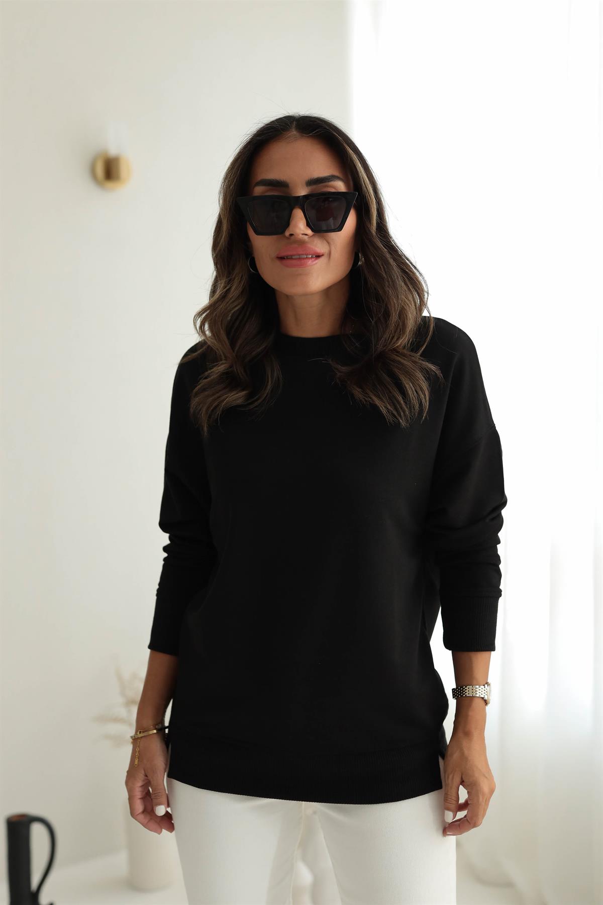9002 Düz Basic Sweatshirt SİYAH