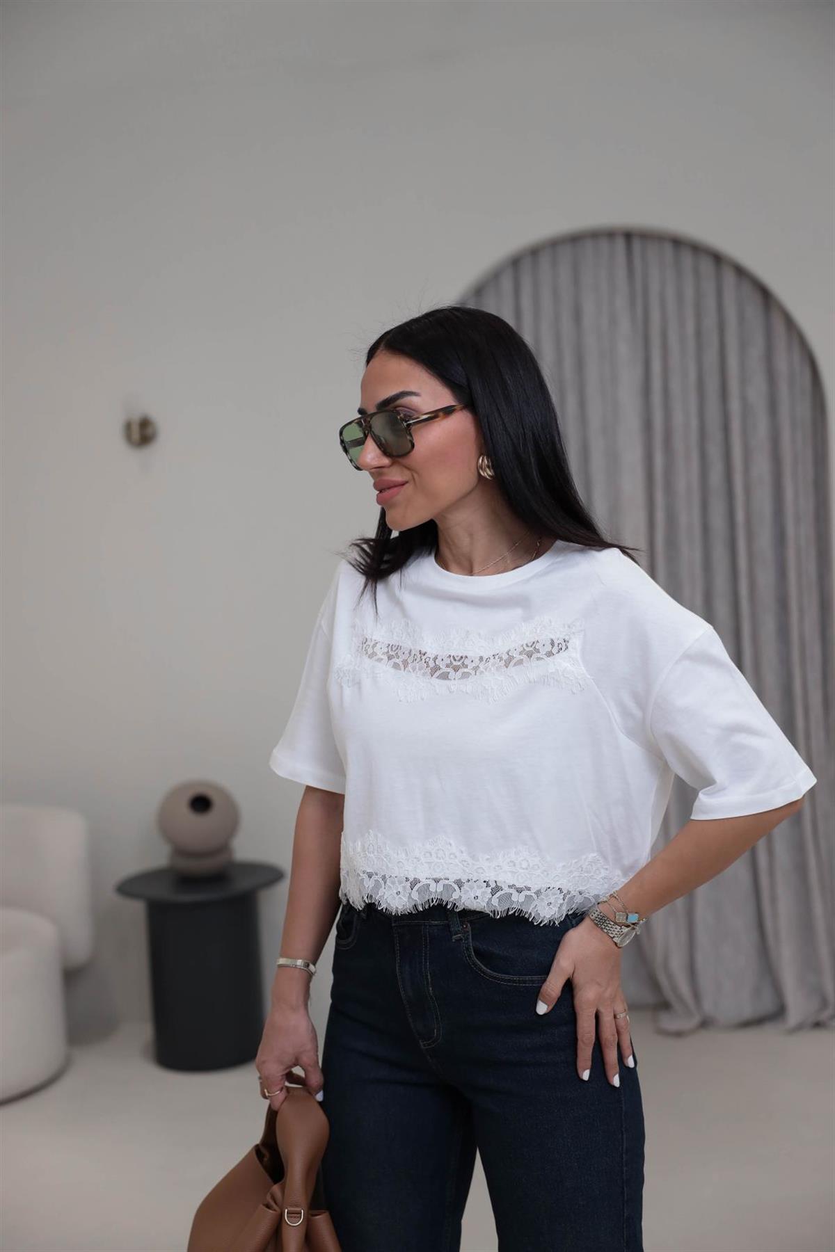 2252 Dantel Detaylı Pamuklu Kısa Tshirt EKRU