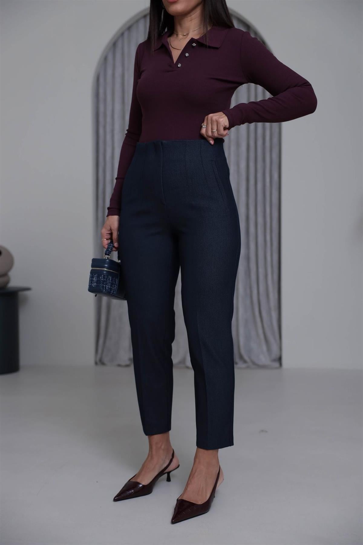 U5113-K Önü Flotalı Kumaş Pantolon KIRÇILLI LACİVERT