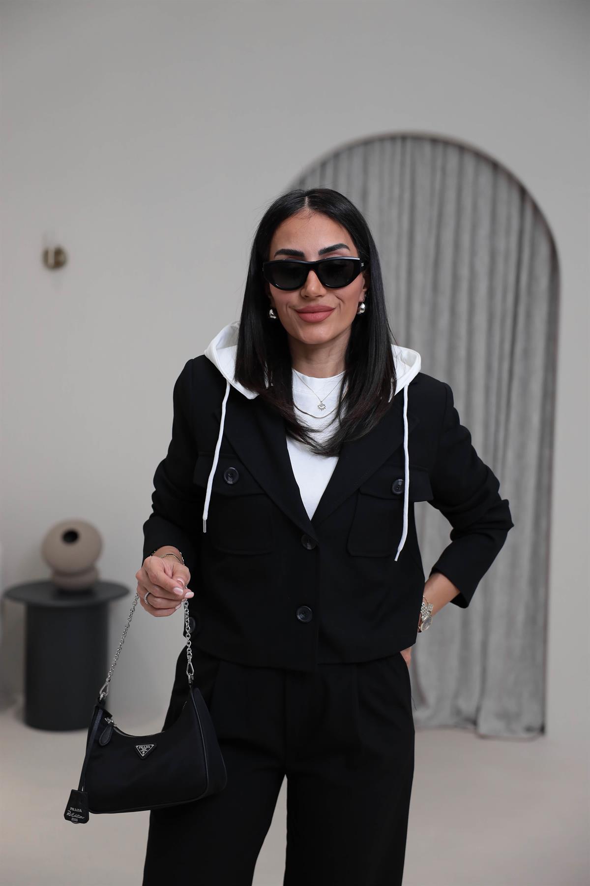 5904 Çıkarılabilir Kapşonlu Ceket Pantolon Takım SİYAH