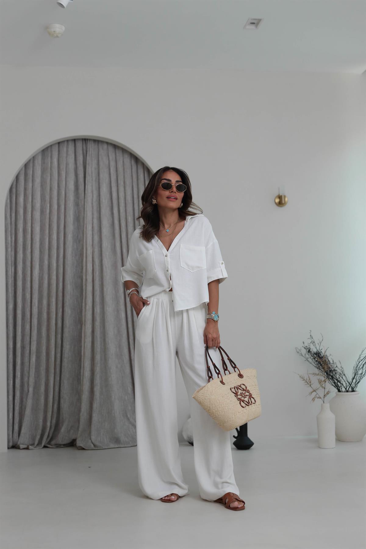 0451 Dökümlü Pamuklu V Yaka Gömlek Pantolon Takım EKRU
