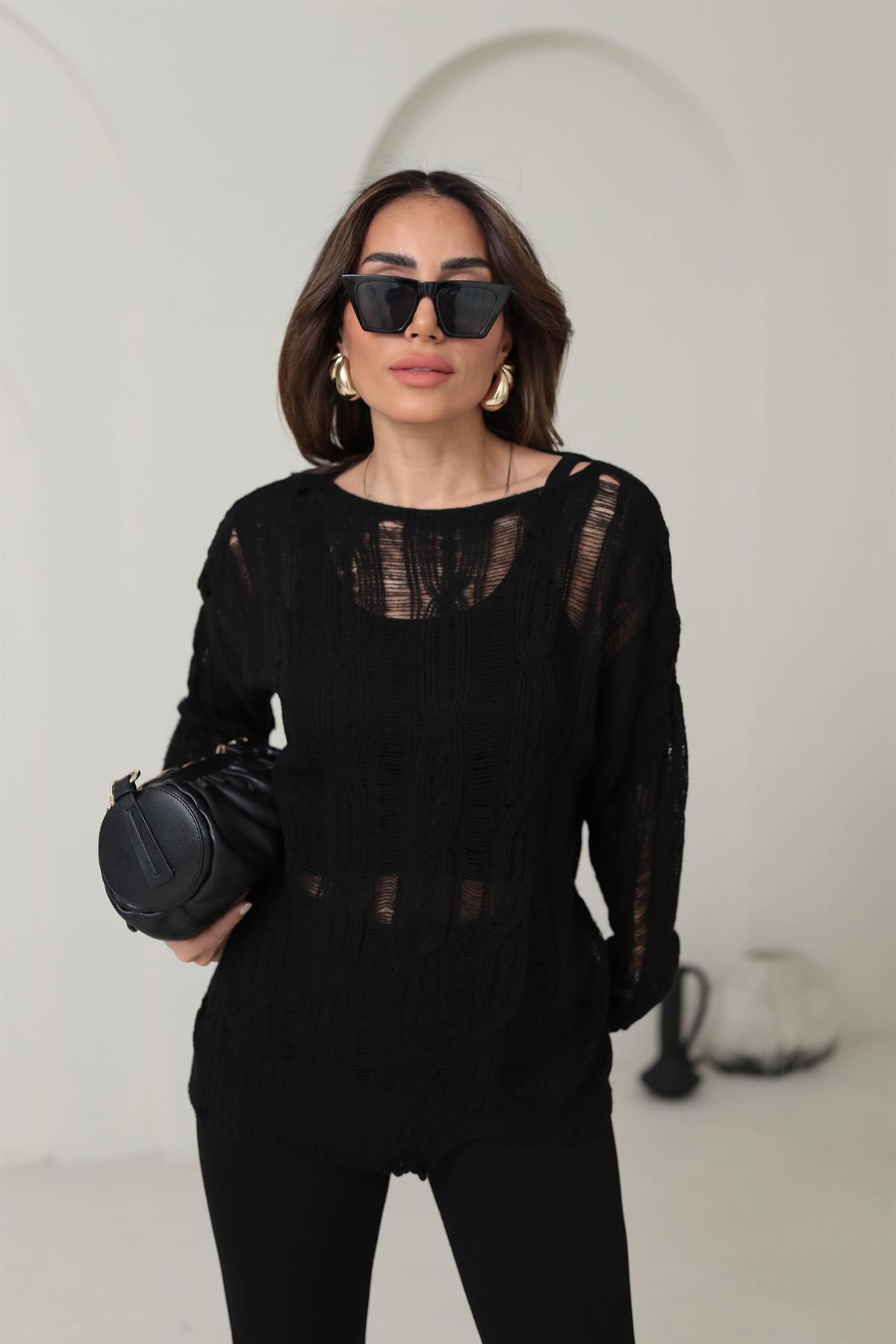 4134 Saç Örgülü Ajurlu Triko SİYAH