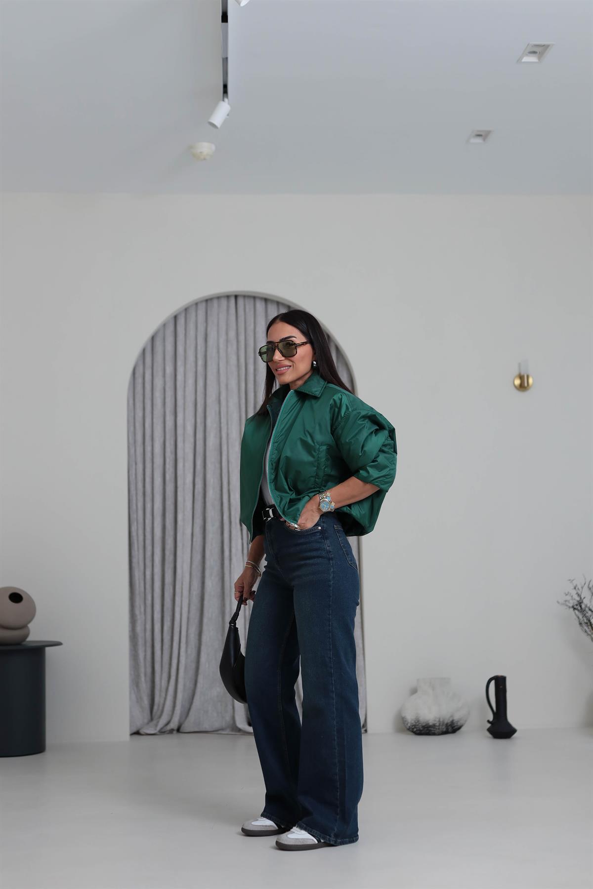 5871 Önden Fermuarlı İçi Kapitone İnce Mont KOYU YEŞİL