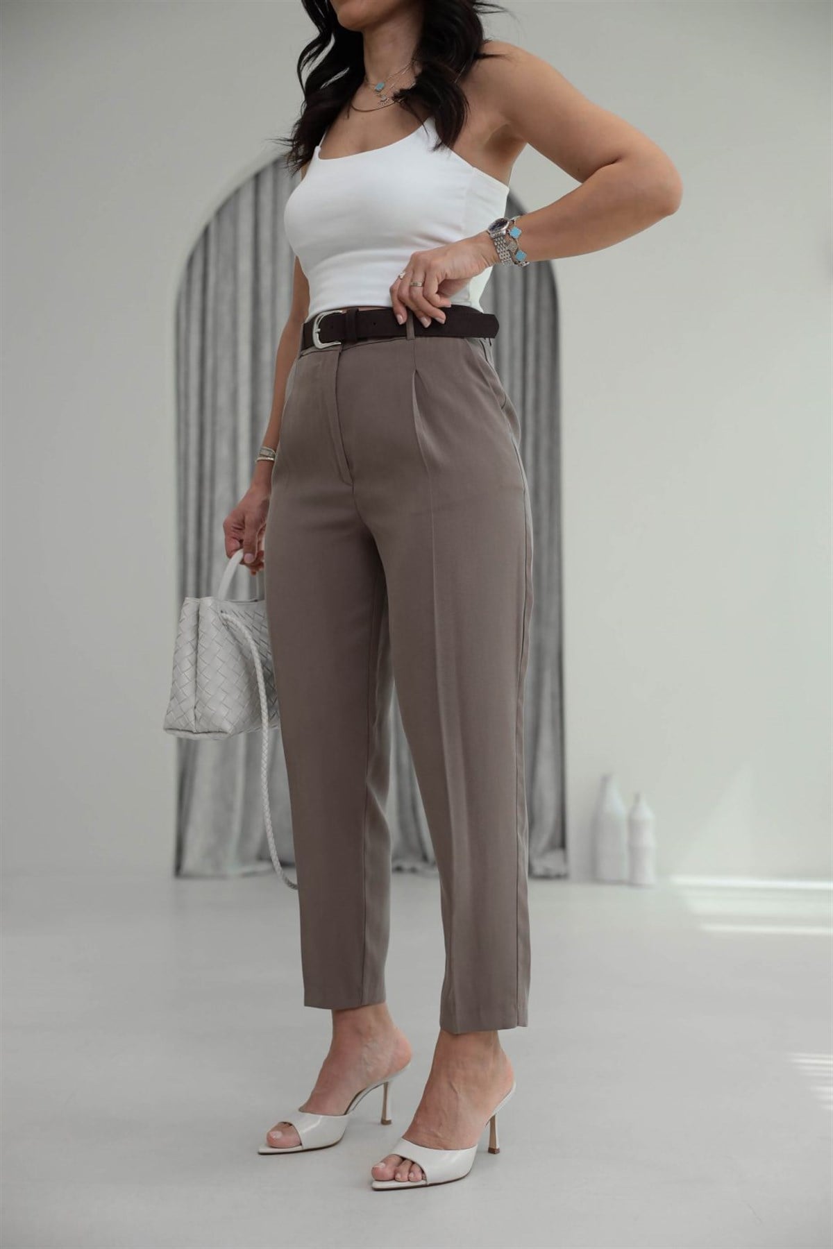 7544 Kemer Detaylı Tencel Kumaş Smart Pantolon KAHVE