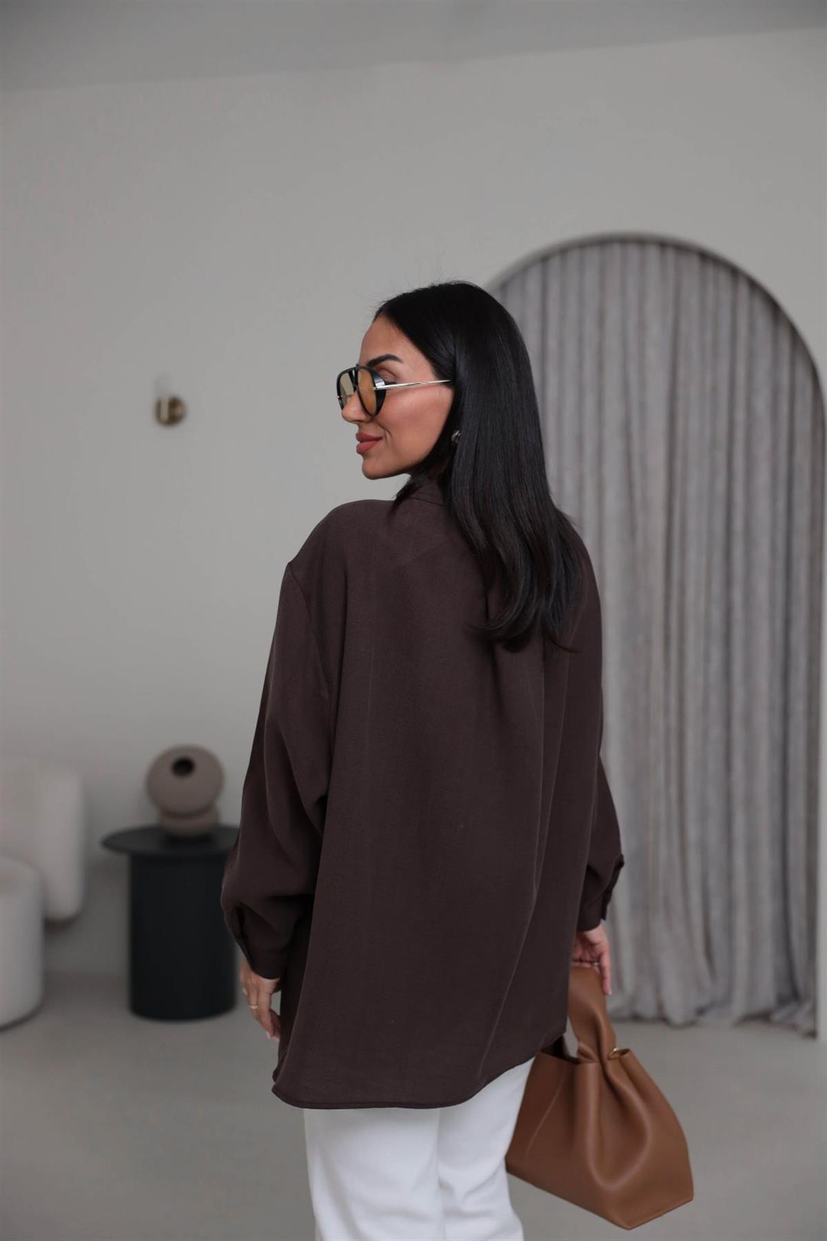 8454 Düşük Omuz Salaş Gömlek KAHVE