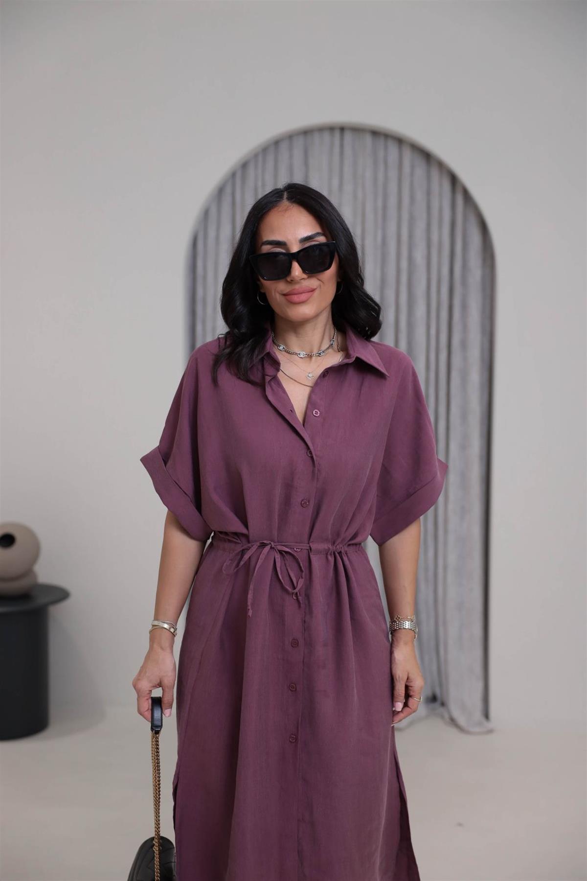 1003 Massi Tencel Gömlek Elbise BORDO