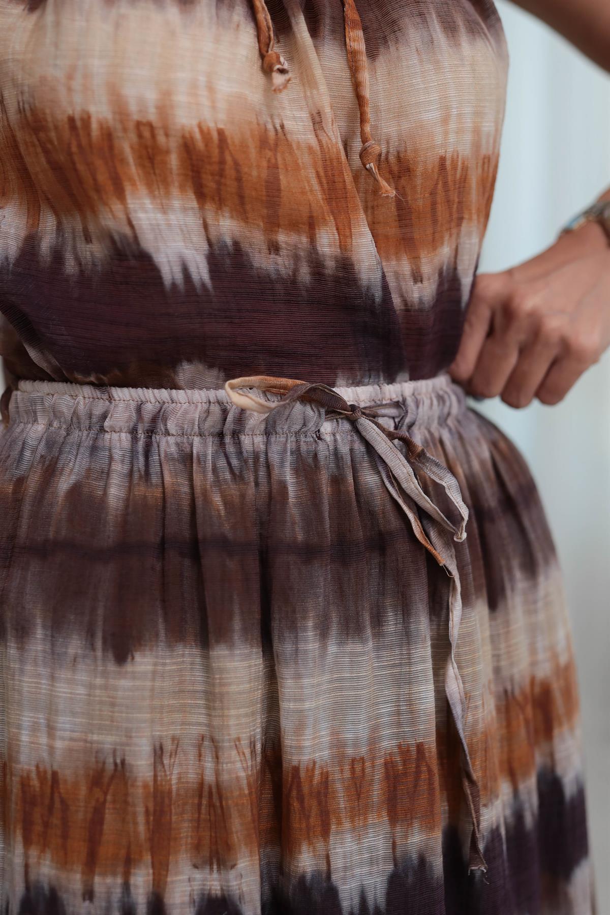 2141 Bel Lastikli Batik Maxi Etek KAHVE