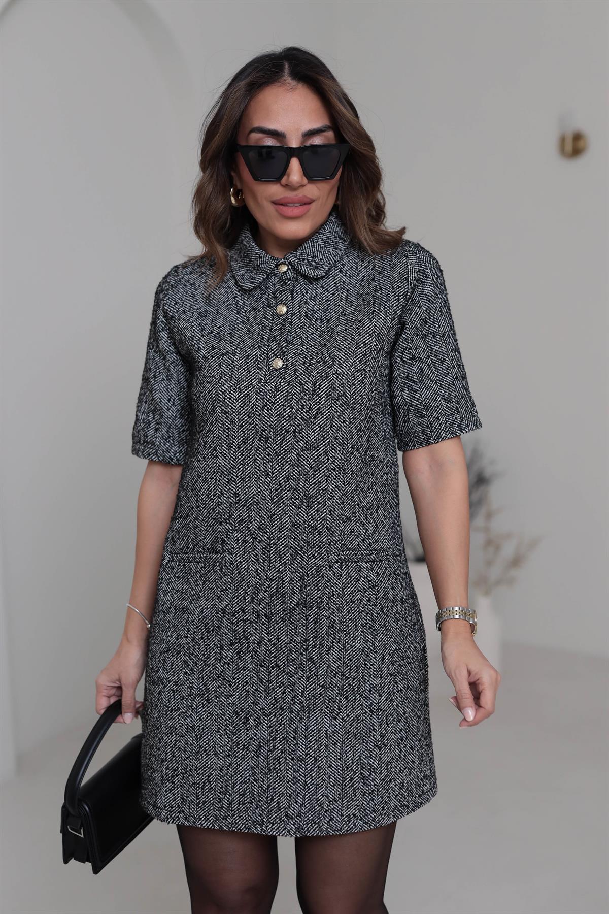 0240 Gold Düğmeli Gömlek Yaka Elbise SİYAHBEYAZ