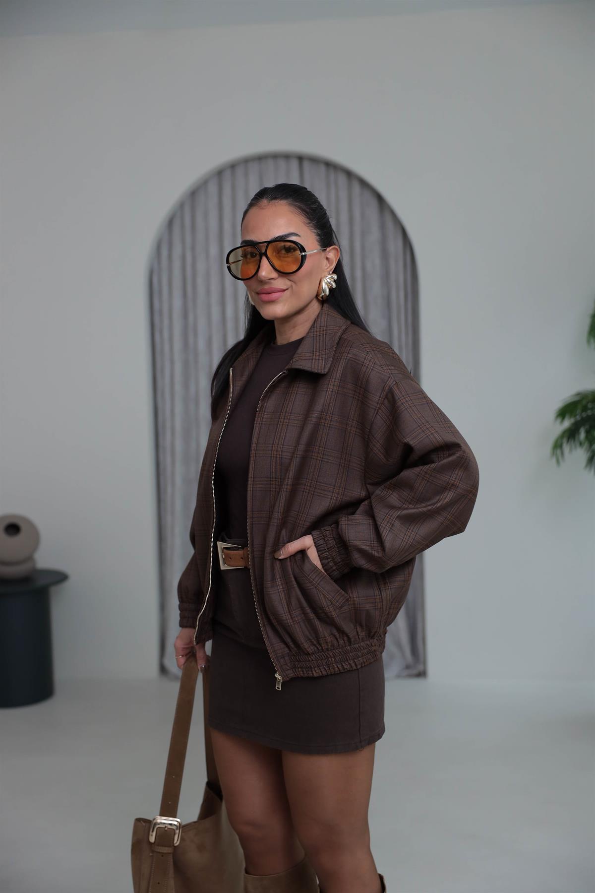 6969 Fermuarlı Bel Lastikli Ekose Desen Bomber KAHVE