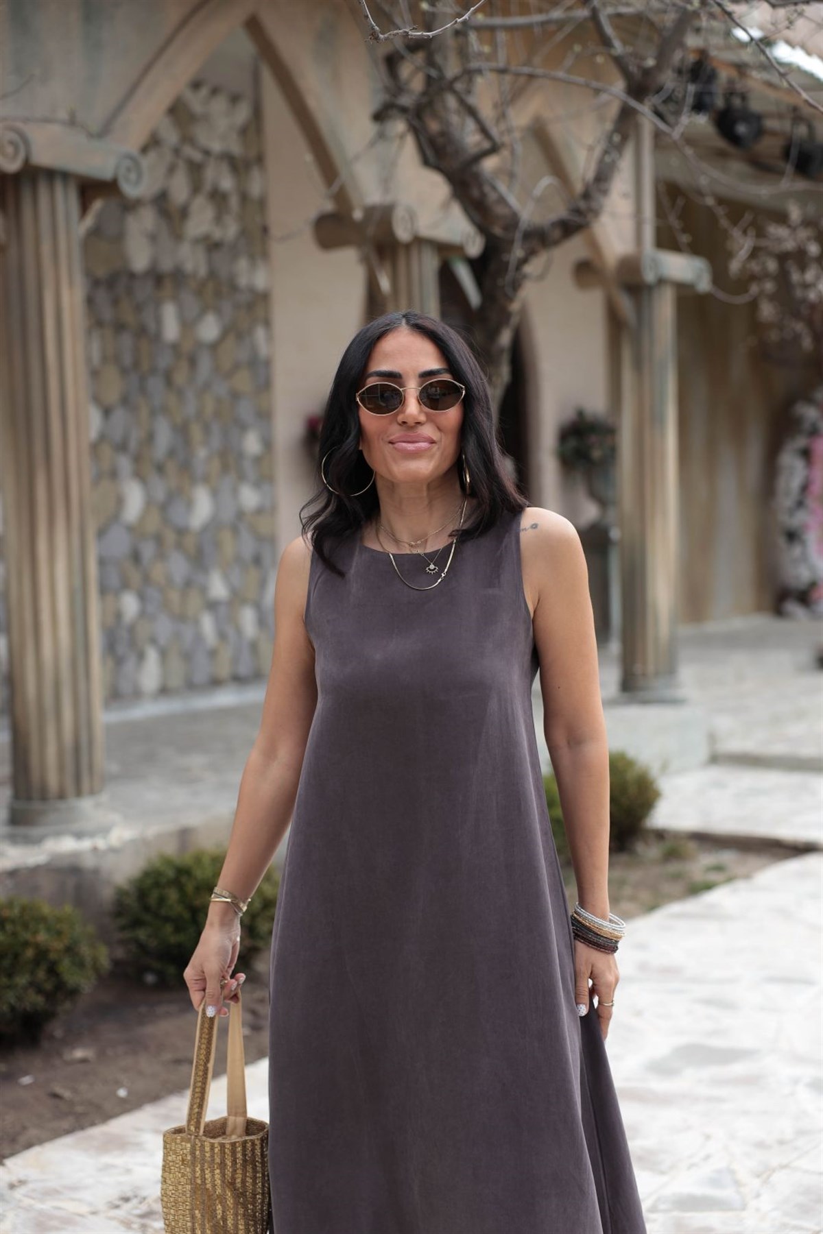 5007 Sıfır Kol Tencel Uzun Elbise MÜRDÜM